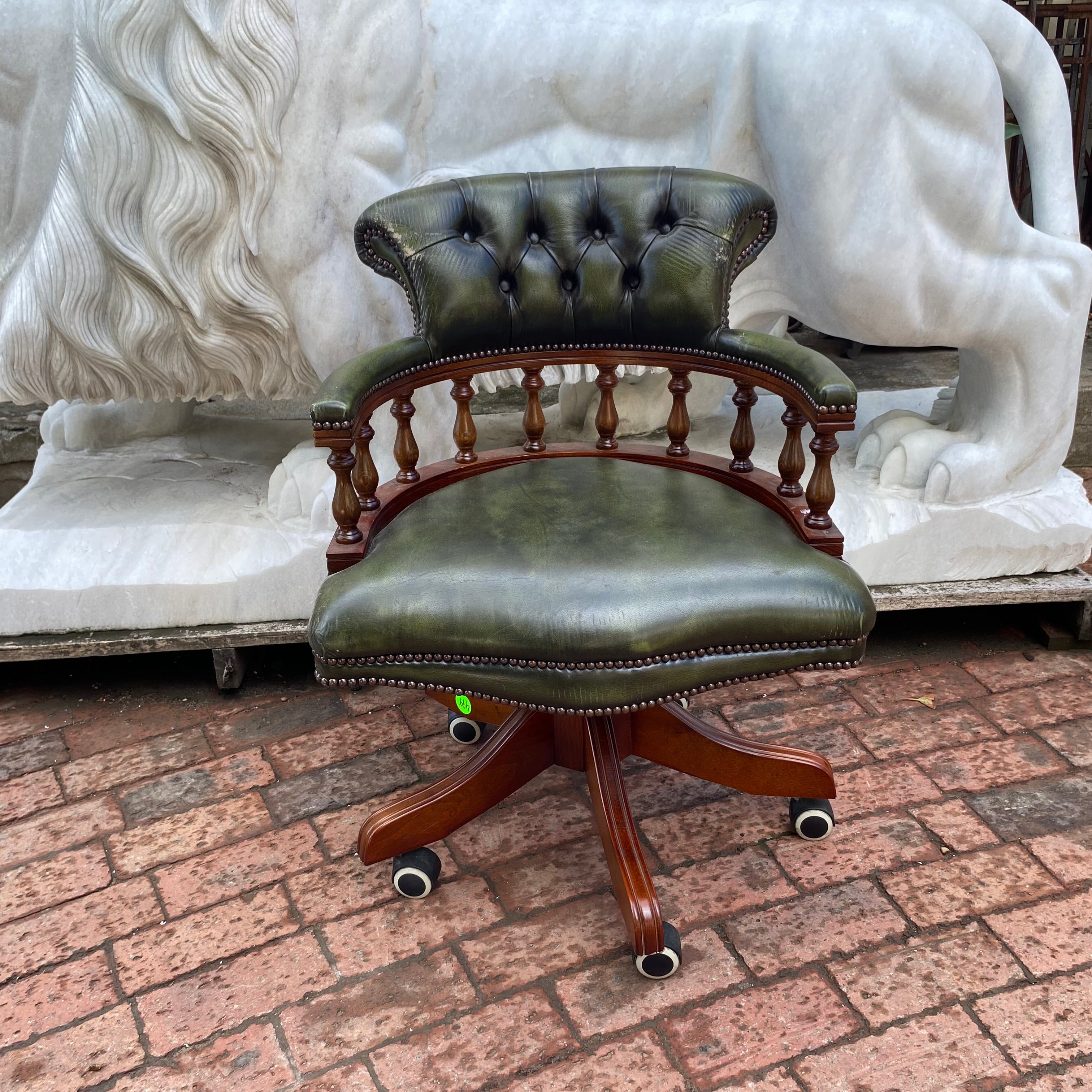 Beautiful Antique Green Leather Captain's Chair - SOLD