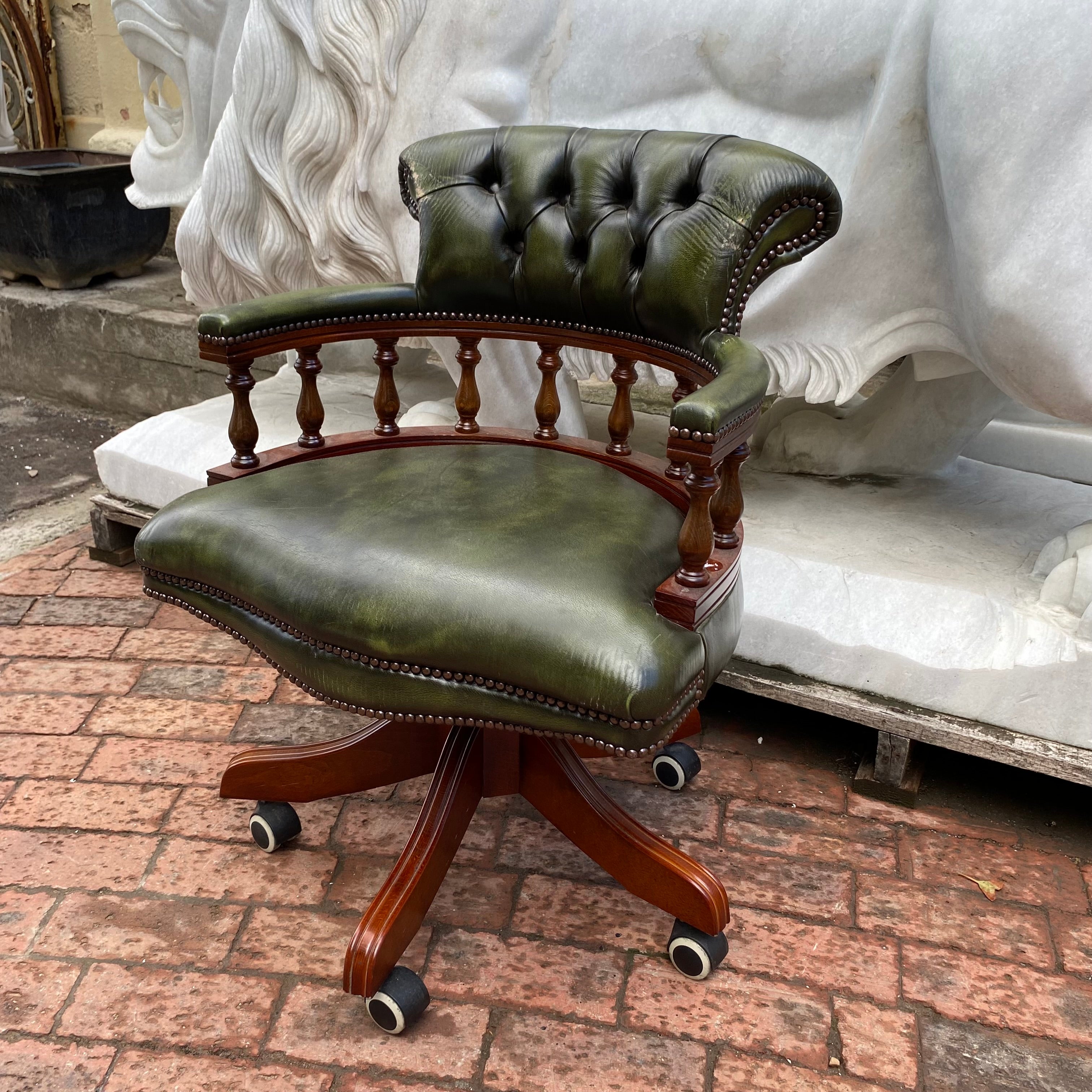 Beautiful Antique Green Leather Captain's Chair - SOLD