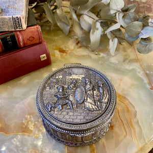 Vintage Metal Trinket Box with Embossed Roman Scene