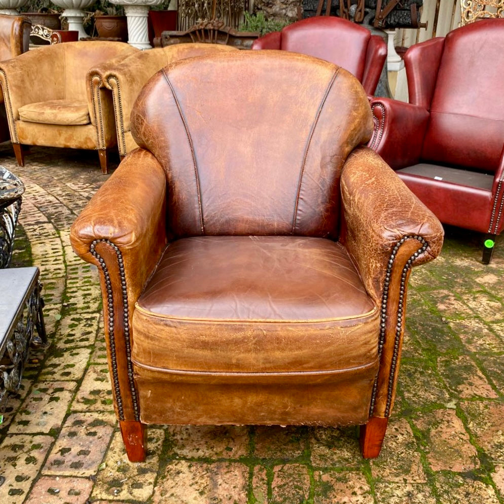 Distressed Tan Leather Armchair with Brass Studs