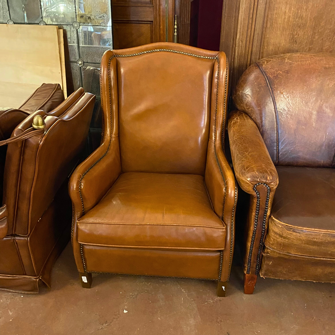 Vintage Tan Leather Armchair with Brass Studs