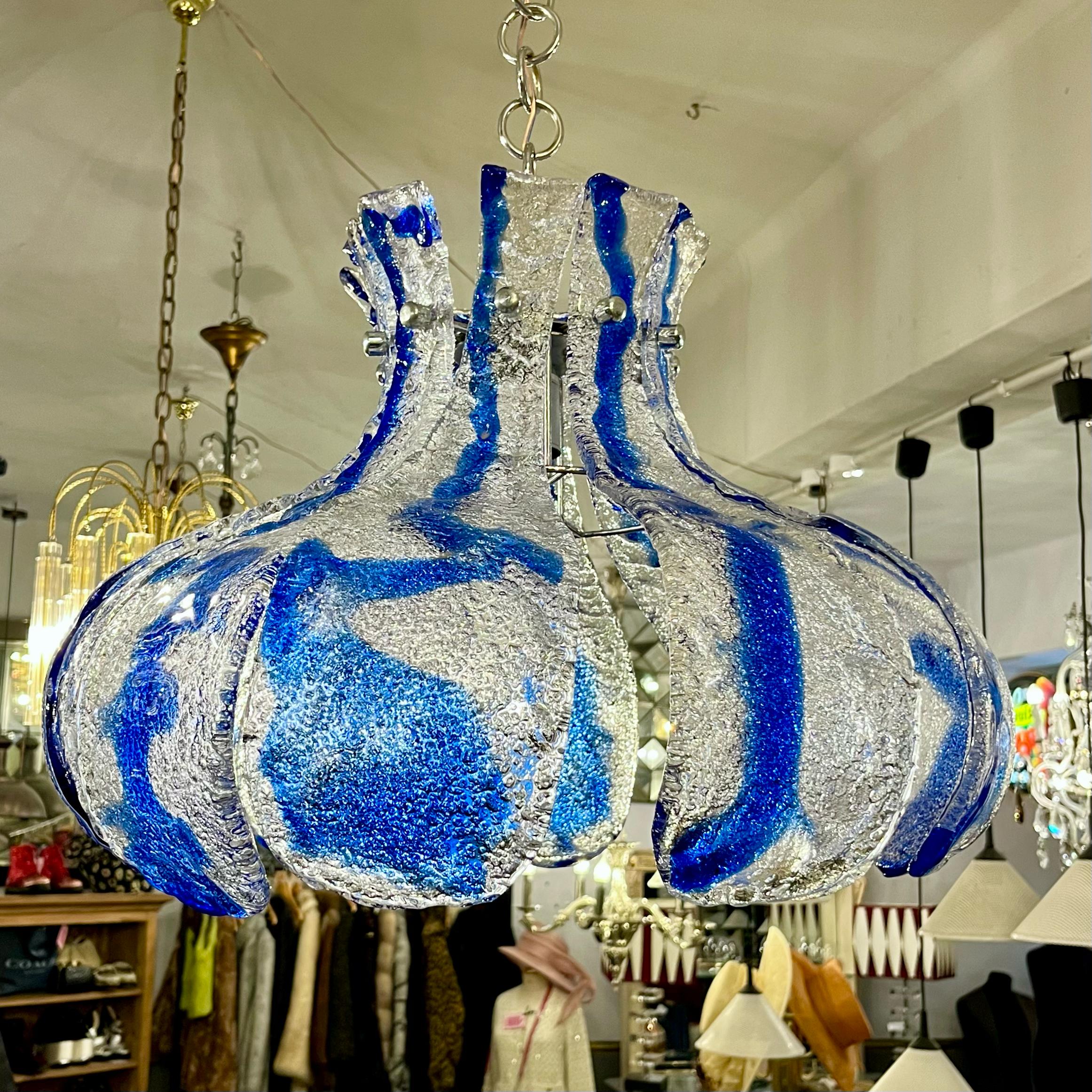 AV Mazzega Murano 'Ice Glass' Chandelier with Blue Swirl Panels, circa 1970s