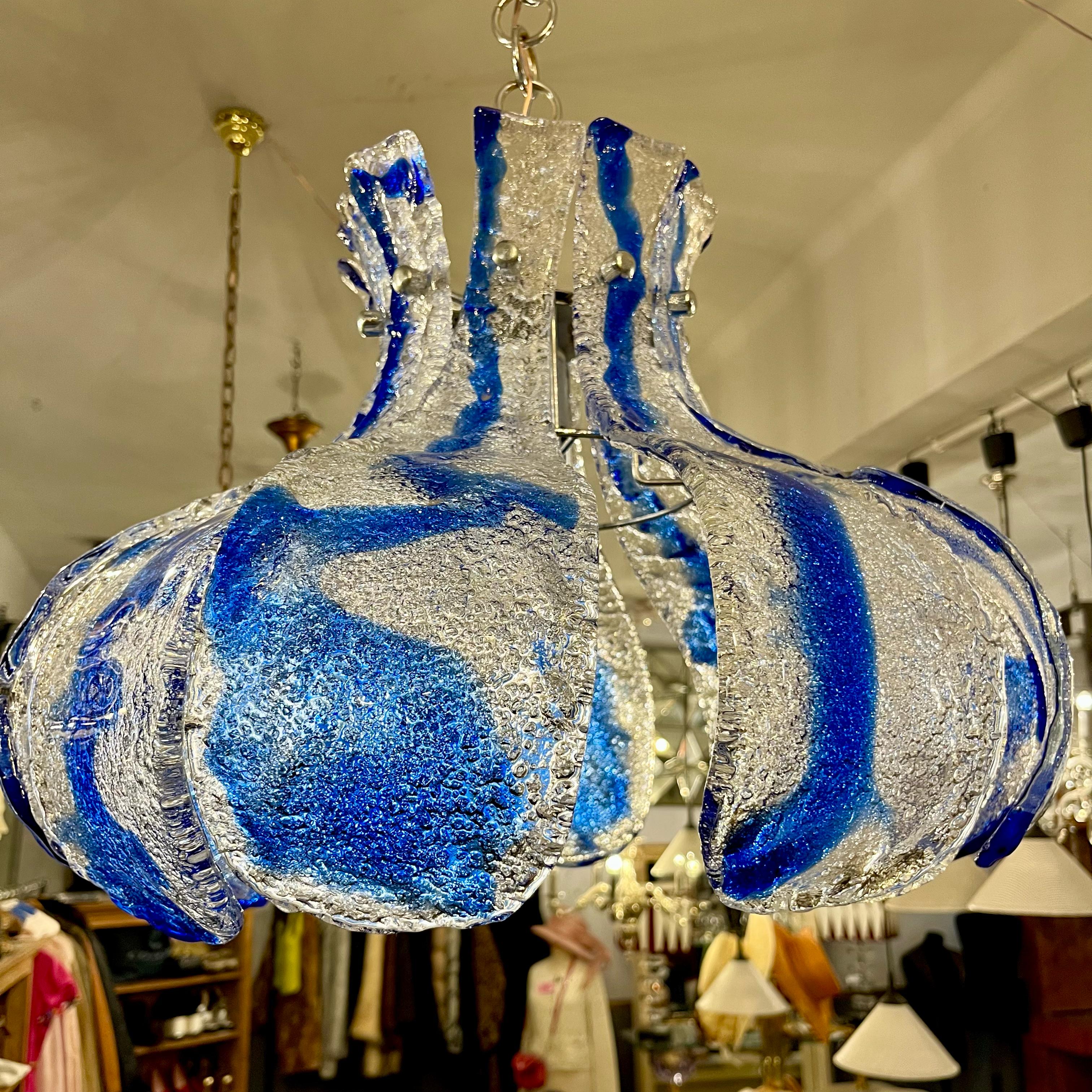 AV Mazzega Murano 'Ice Glass' Chandelier with Blue Swirl Panels, circa 1970s