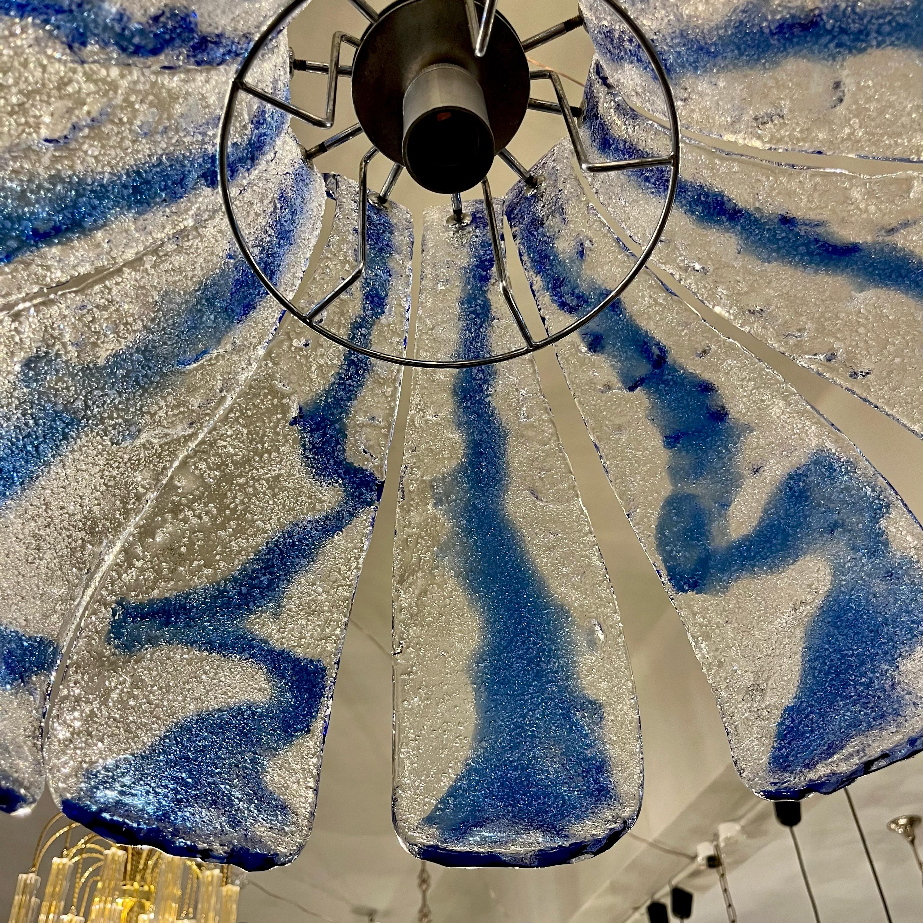 AV Mazzega Murano 'Ice Glass' Chandelier with Blue Swirl Panels, circa 1970s