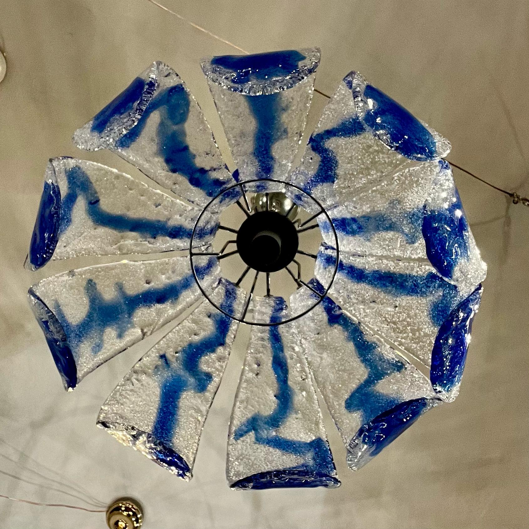 AV Mazzega Murano 'Ice Glass' Chandelier with Blue Swirl Panels, circa 1970s