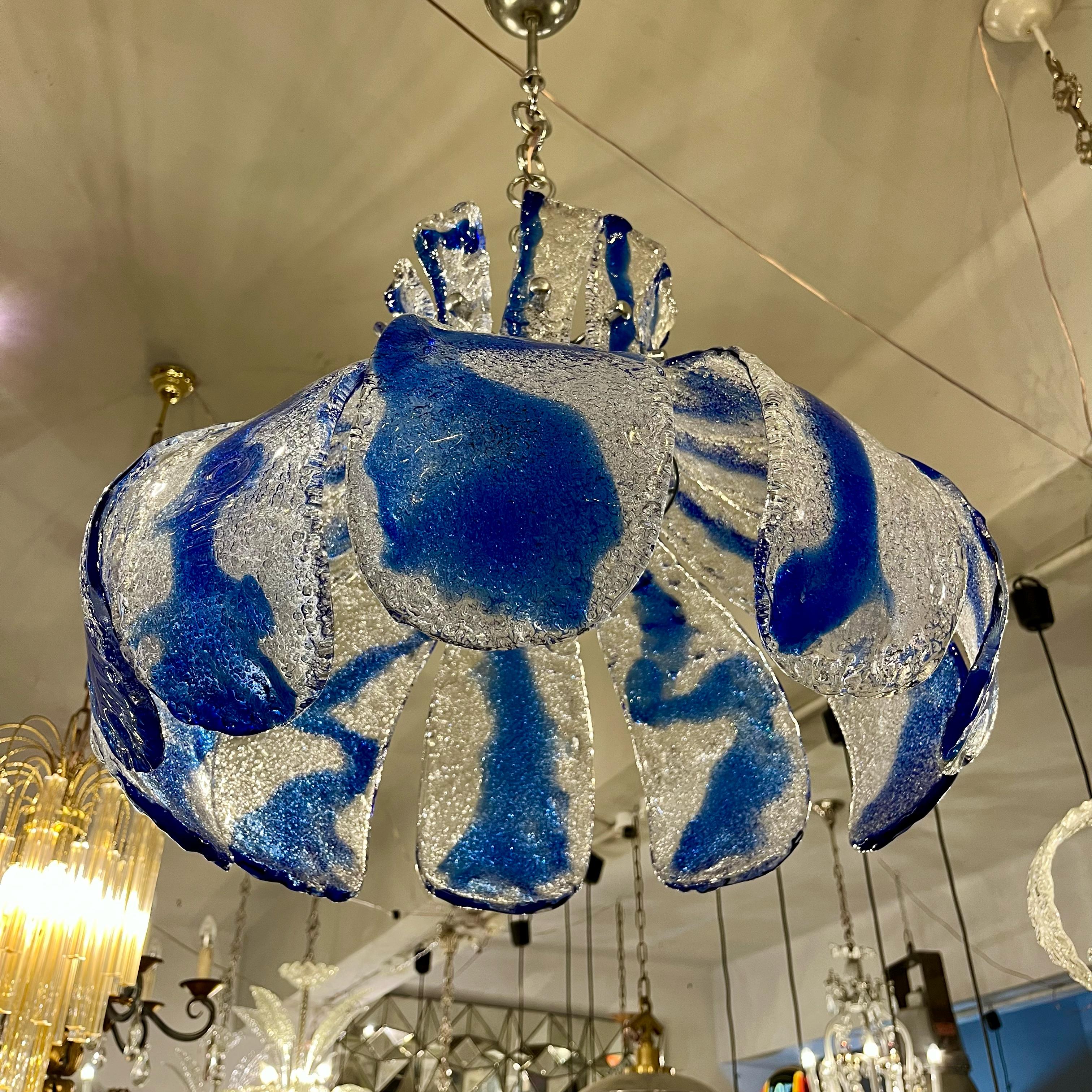 AV Mazzega Murano 'Ice Glass' Chandelier with Blue Swirl Panels, circa 1970s