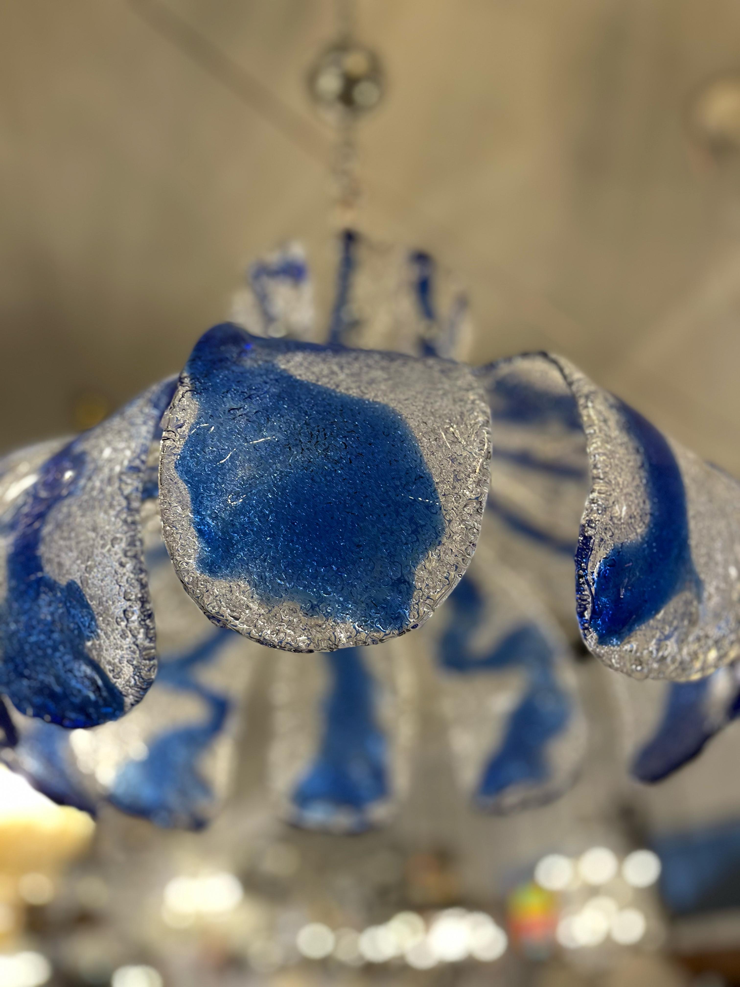AV Mazzega Murano 'Ice Glass' Chandelier with Blue Swirl Panels, circa 1970s