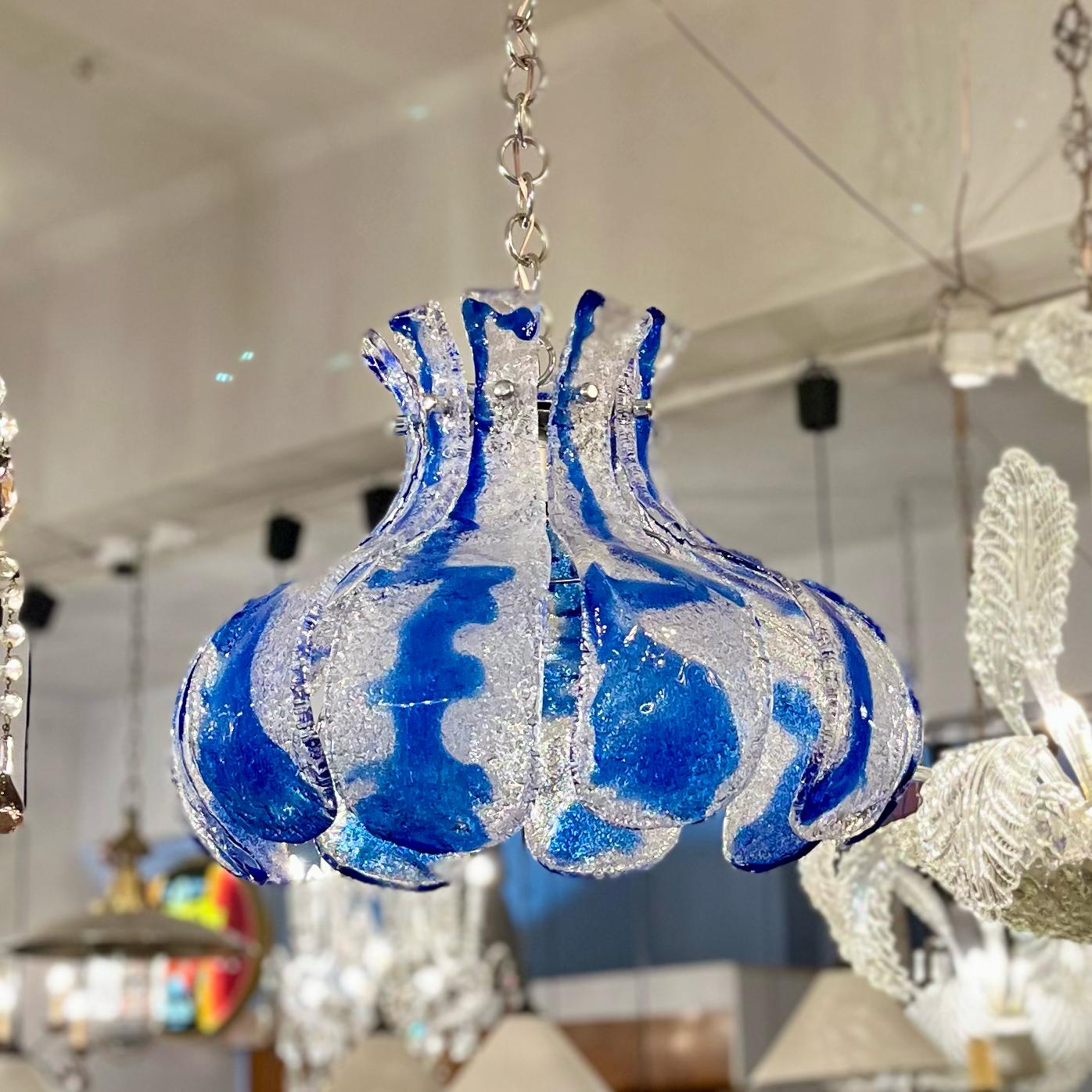 AV Mazzega Murano 'Ice Glass' Chandelier with Blue Swirl Panels, circa 1970s