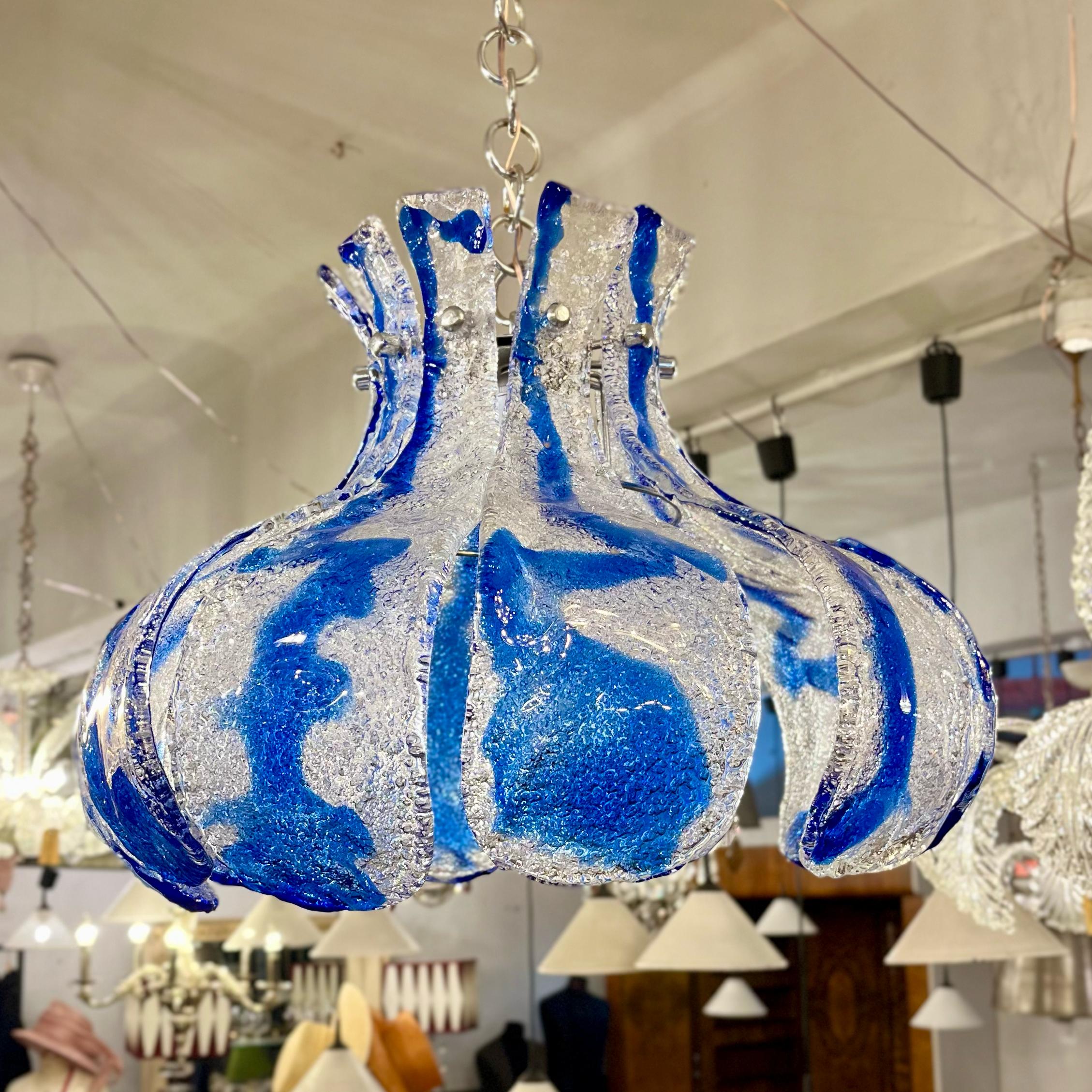 AV Mazzega Murano 'Ice Glass' Chandelier with Blue Swirl Panels, circa 1970s