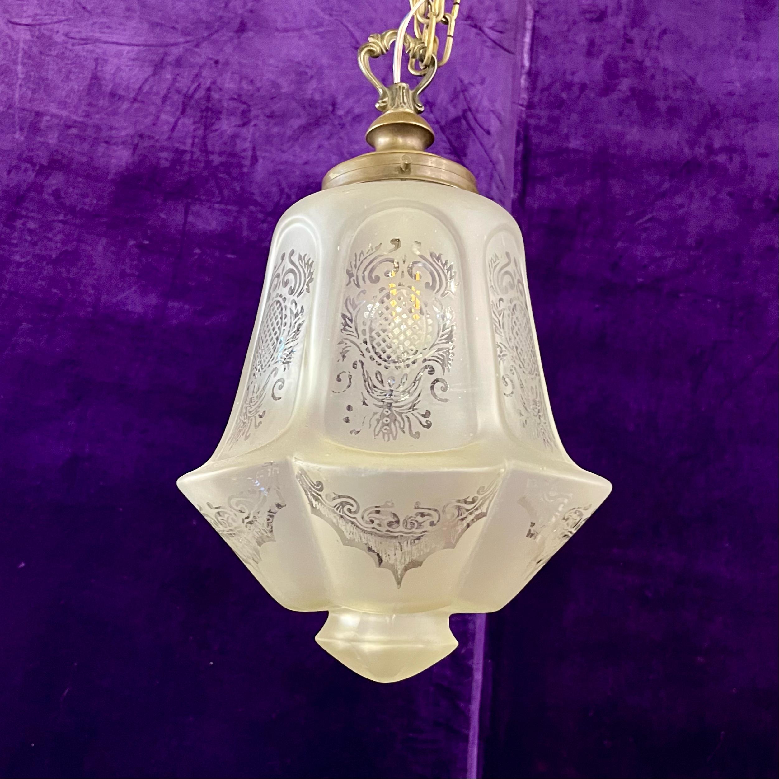 Antique Frosted Glass Pendant with Etched Design, c. 1920s