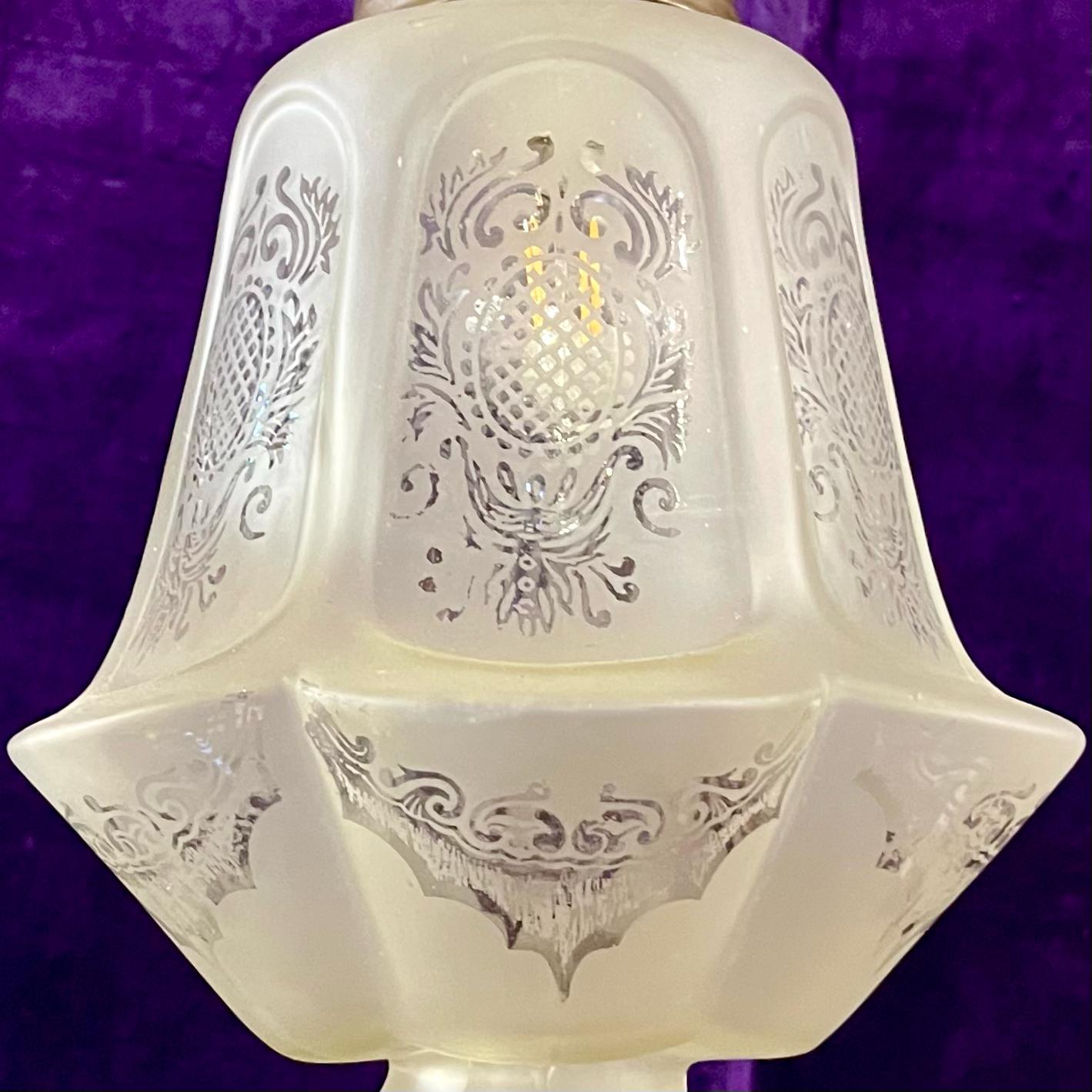Antique Frosted Glass Pendant with Etched Design, c. 1920s