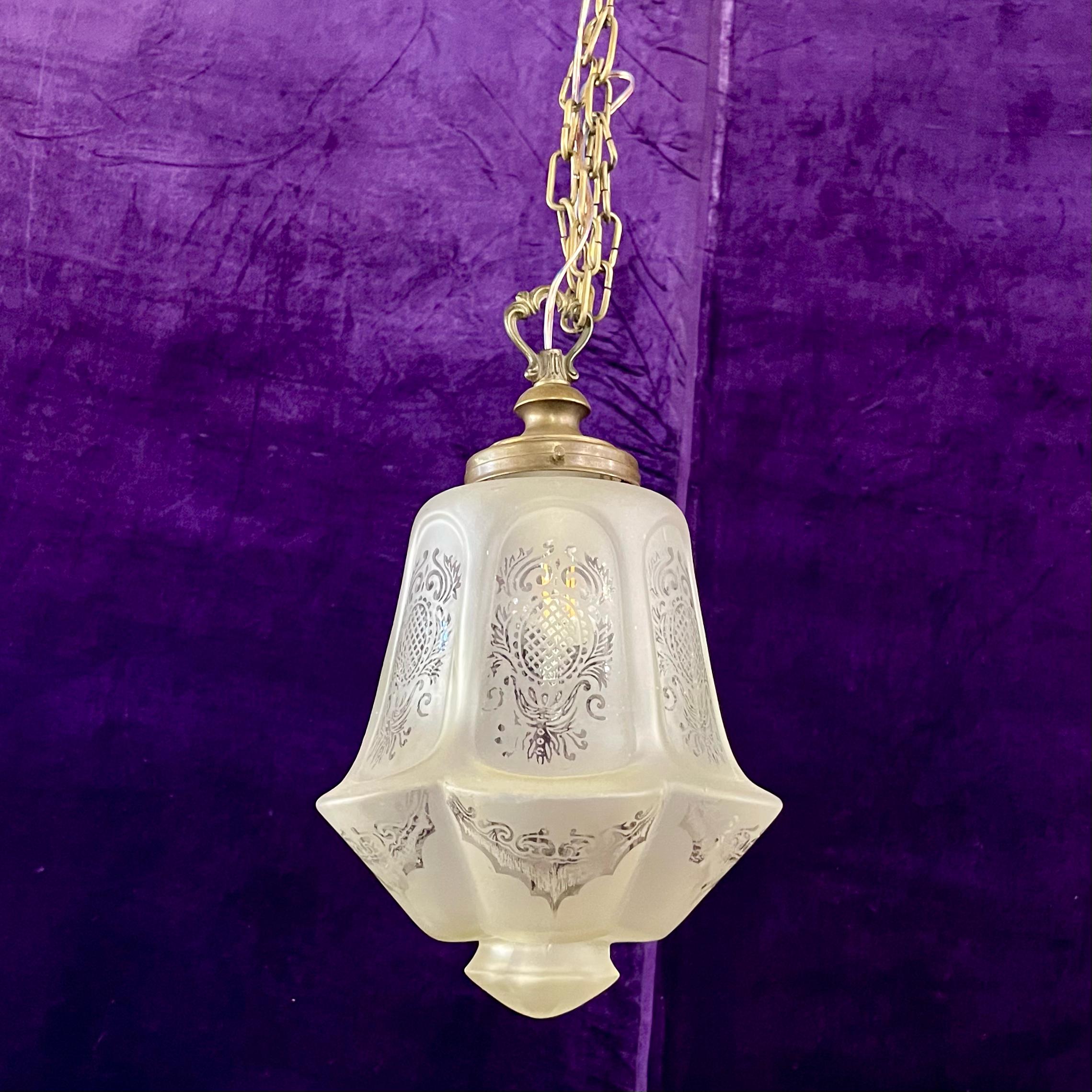 Antique Frosted Glass Pendant with Etched Design, c. 1920s