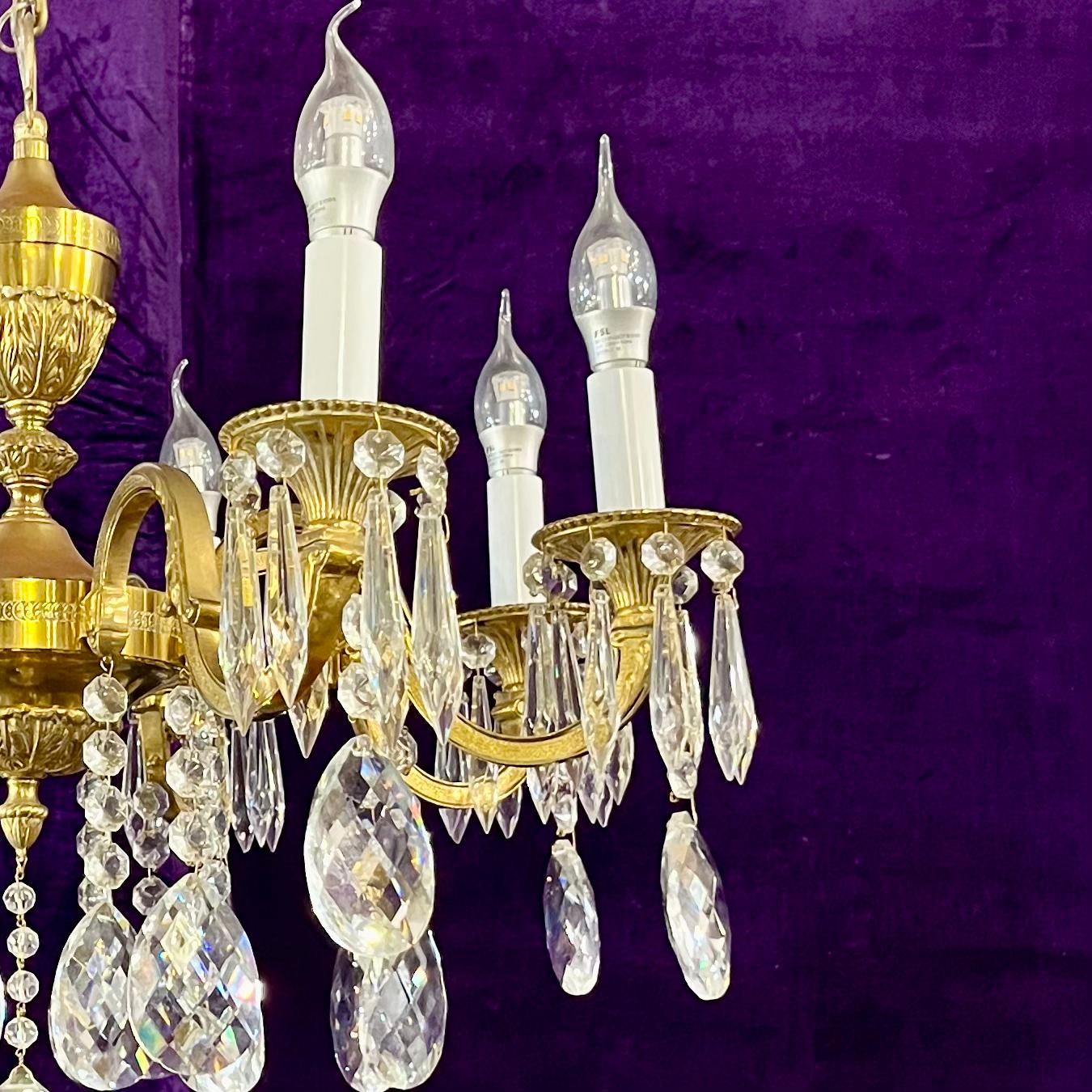 Antique Polished Brass and Crystal Chandelier, c. 20th Century