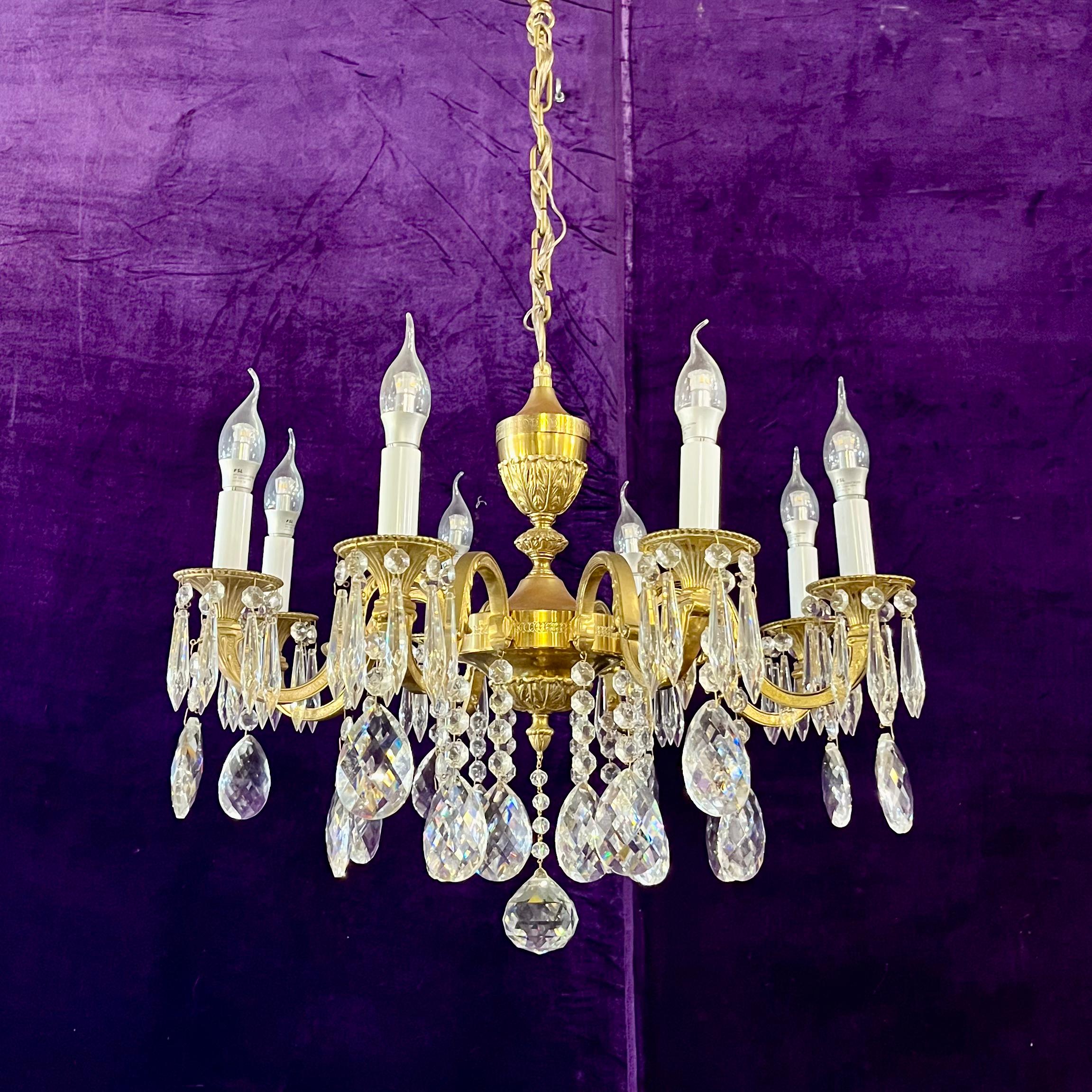 Antique Polished Brass and Crystal Chandelier, c. 20th Century