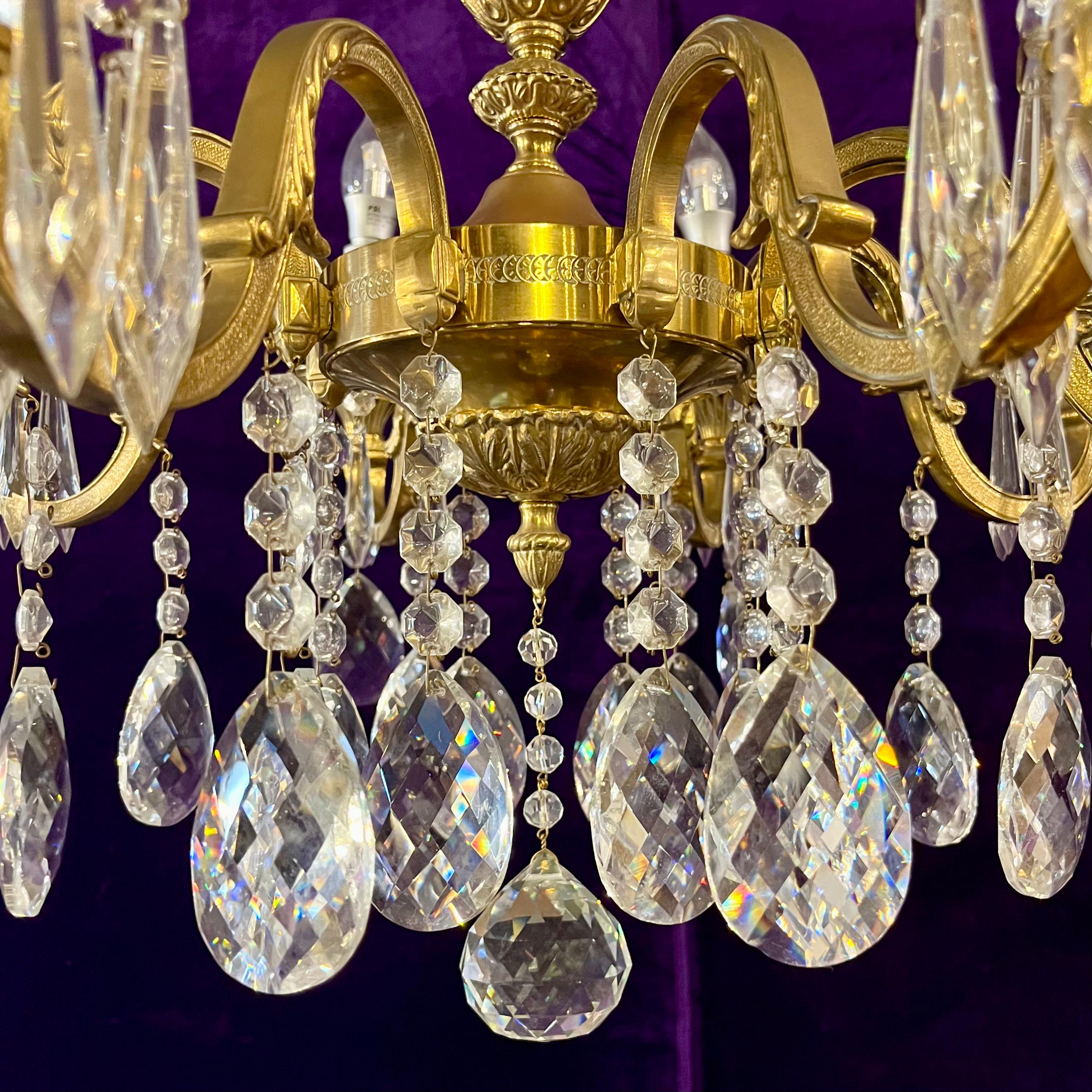 Antique Polished Brass and Crystal Chandelier, c. 20th Century