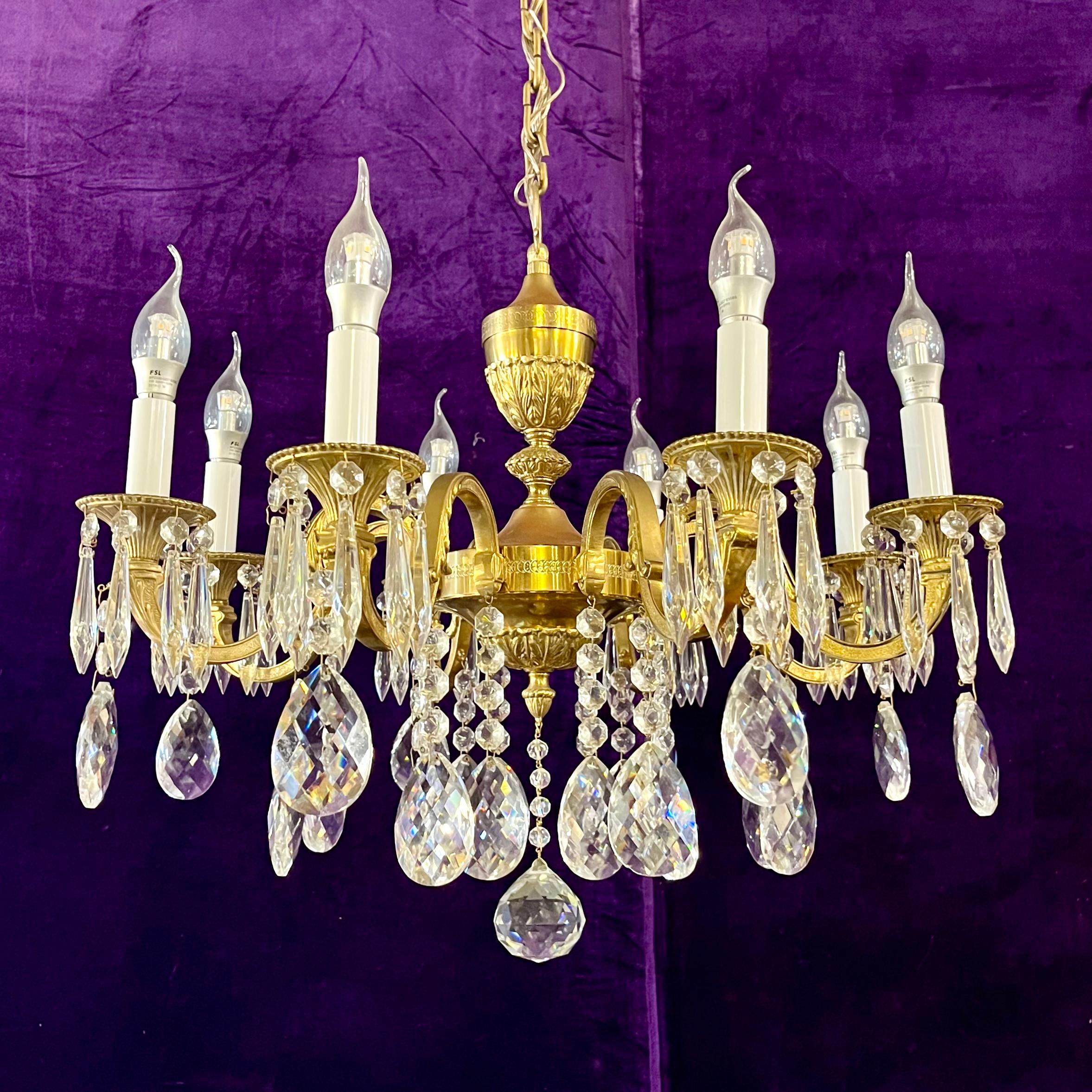 Antique Polished Brass and Crystal Chandelier, c. 20th Century