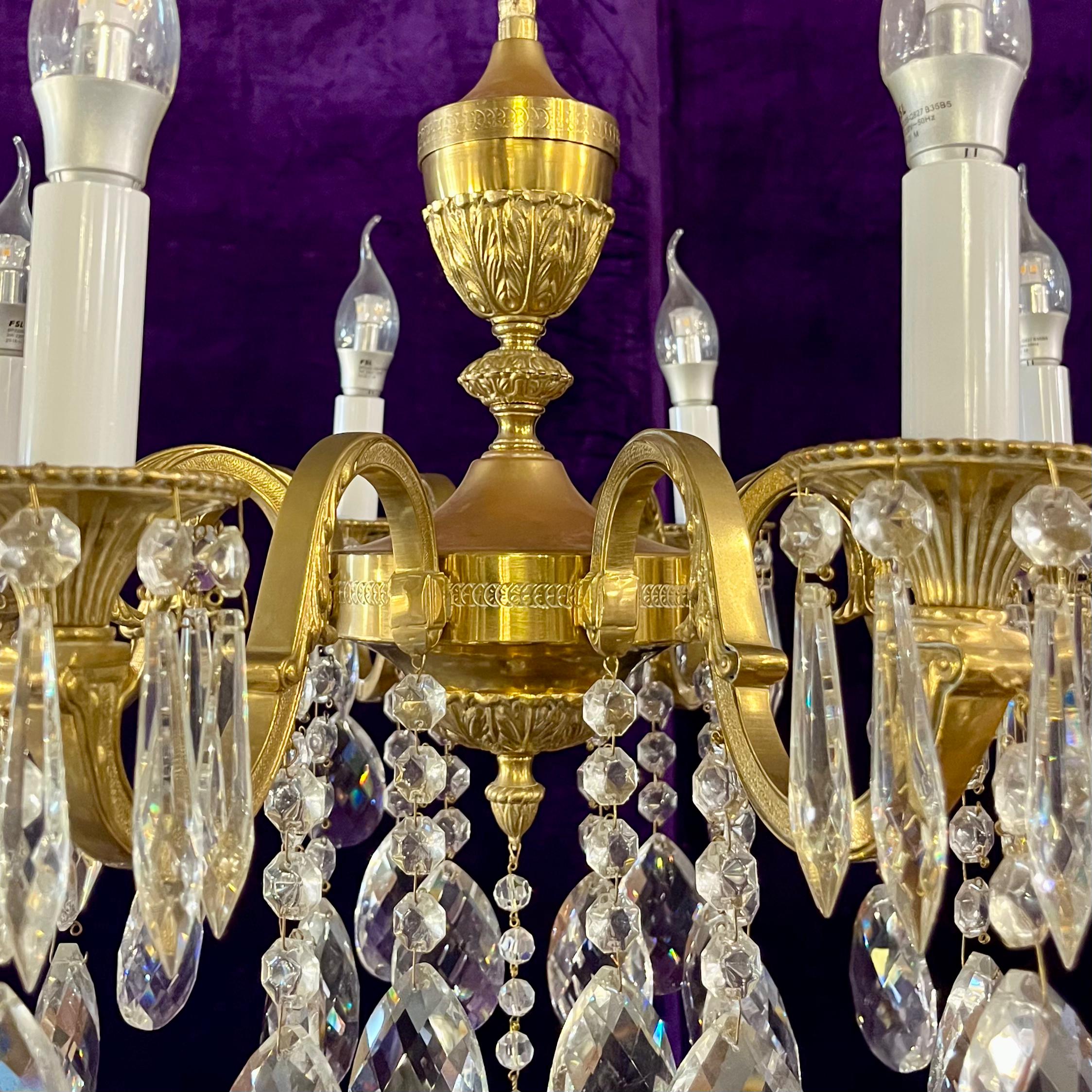 Antique Polished Brass and Crystal Chandelier, c. 20th Century