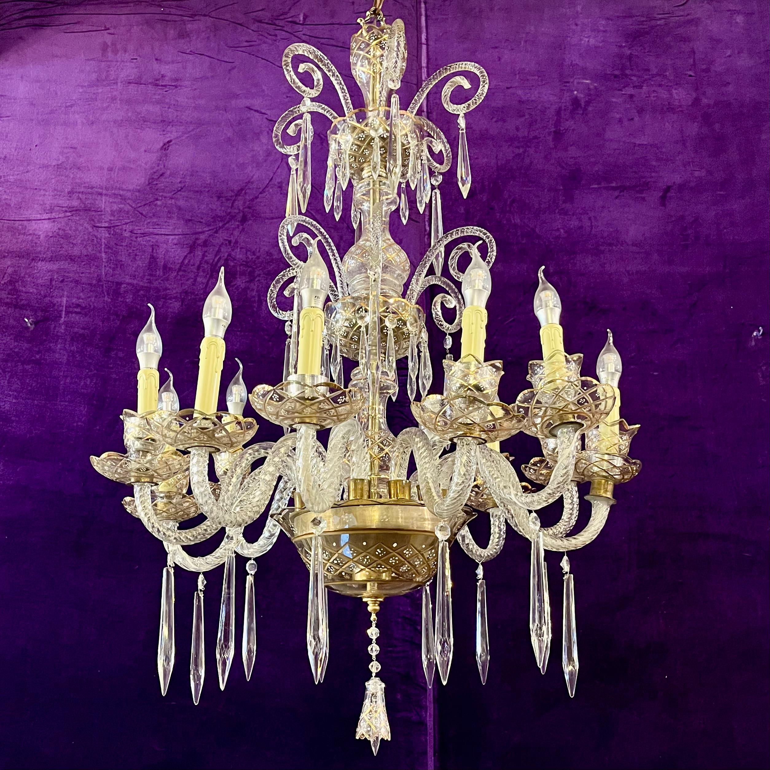Rare Twelve-Arm Venetian Glass Chandelier with Hand-Painted Detail, Late 19th Century