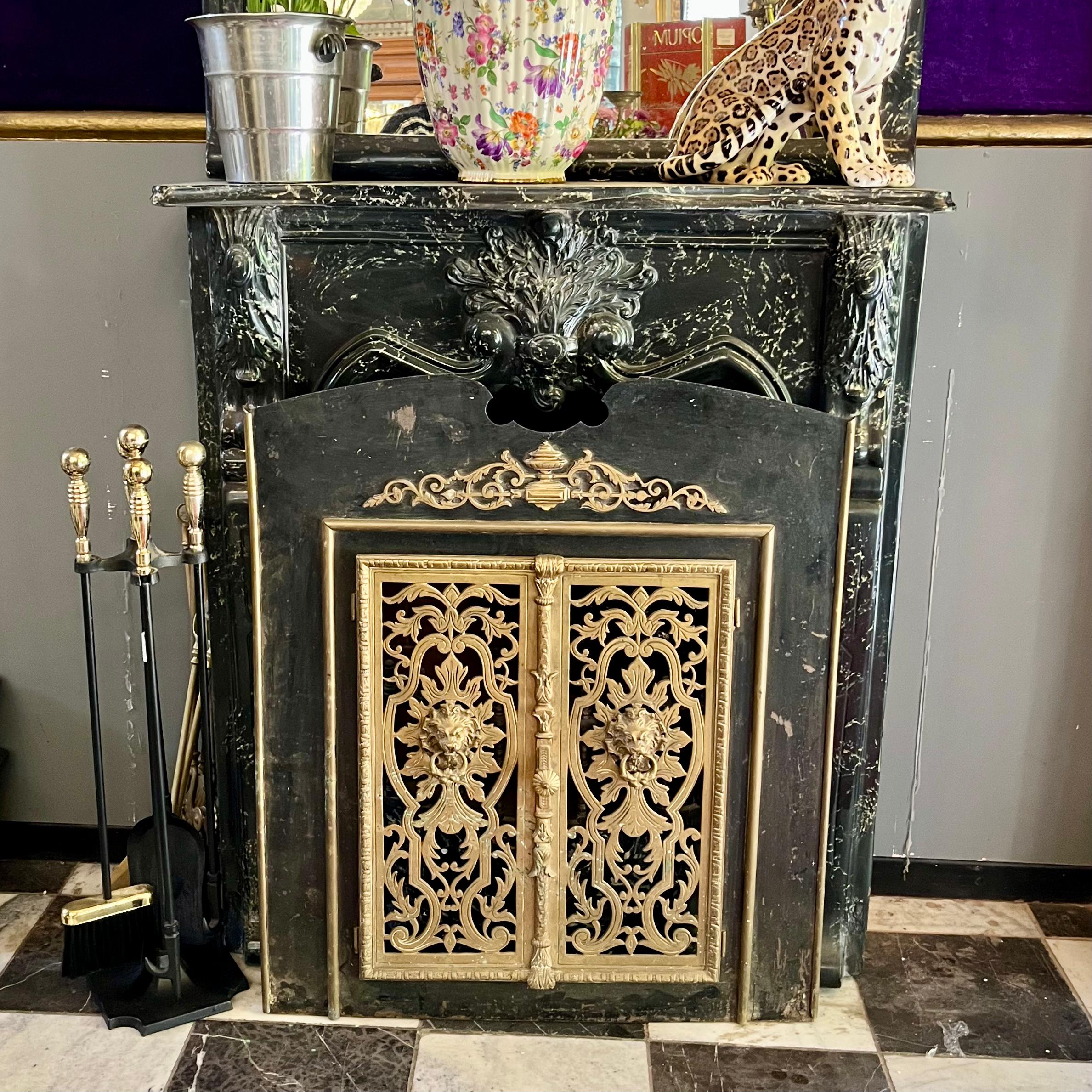 Antique French Black Enamel and Brass Fire Screen