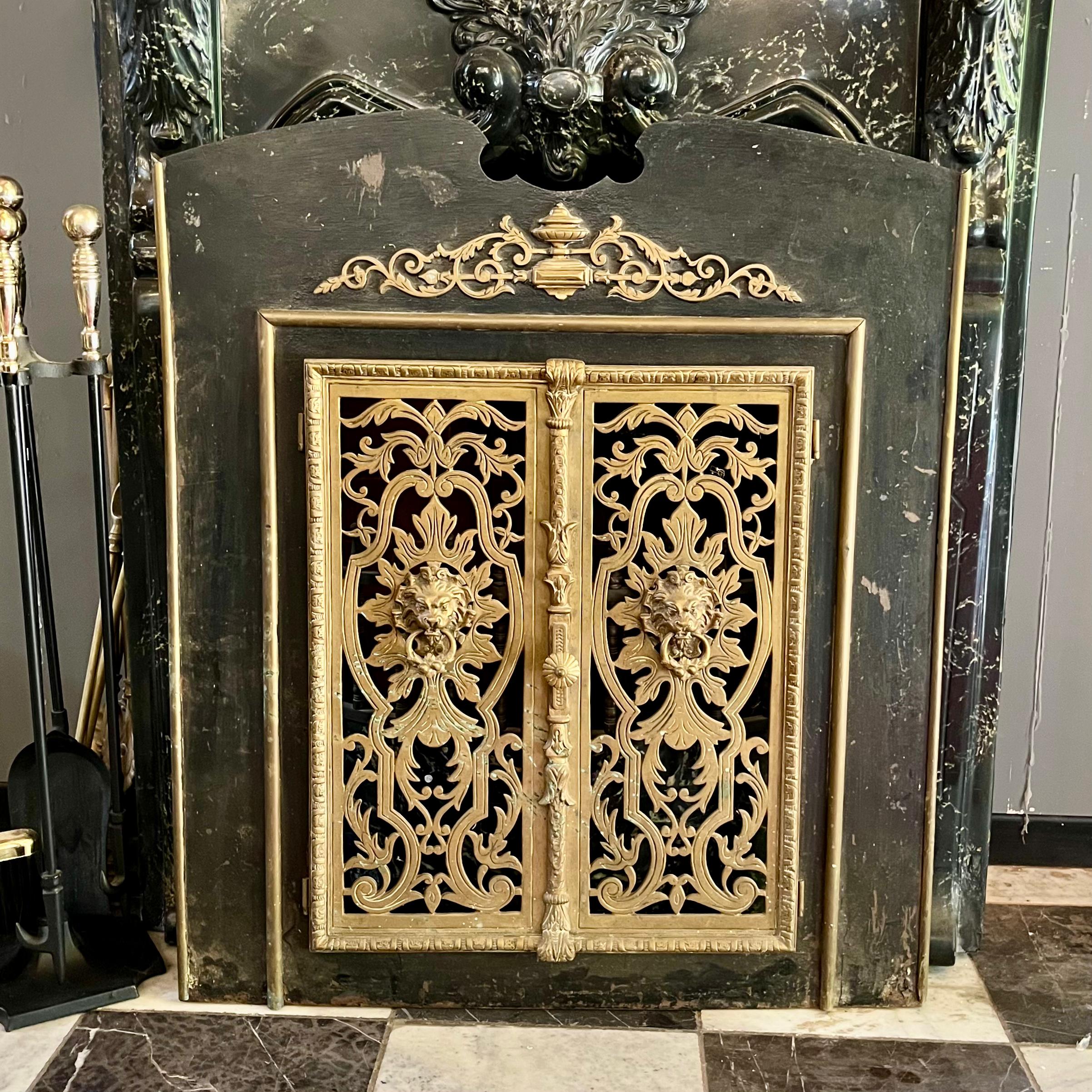 Antique French Black Enamel and Brass Fire Screen