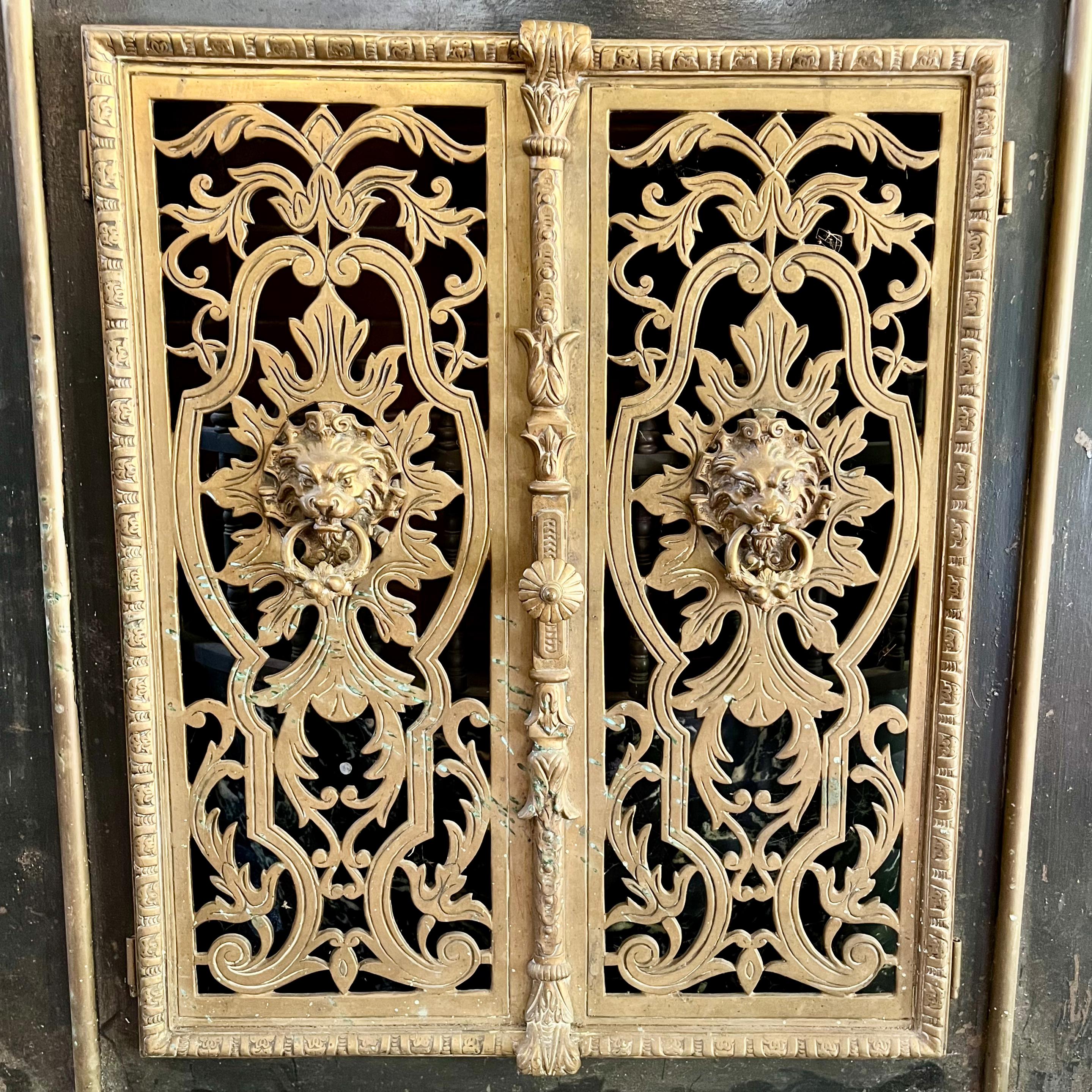 Antique French Black Enamel and Brass Fire Screen