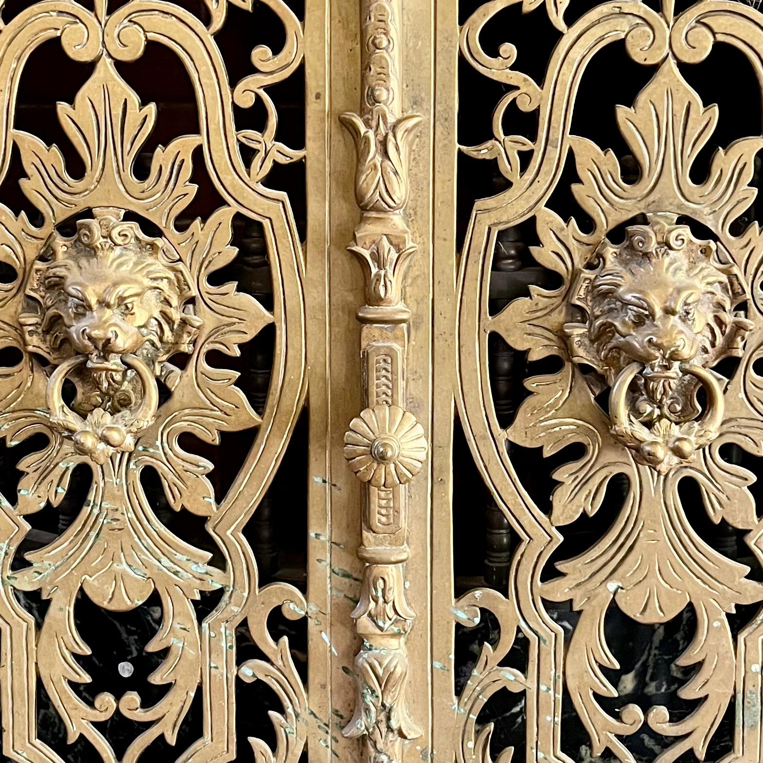 Antique French Black Enamel and Brass Fire Screen