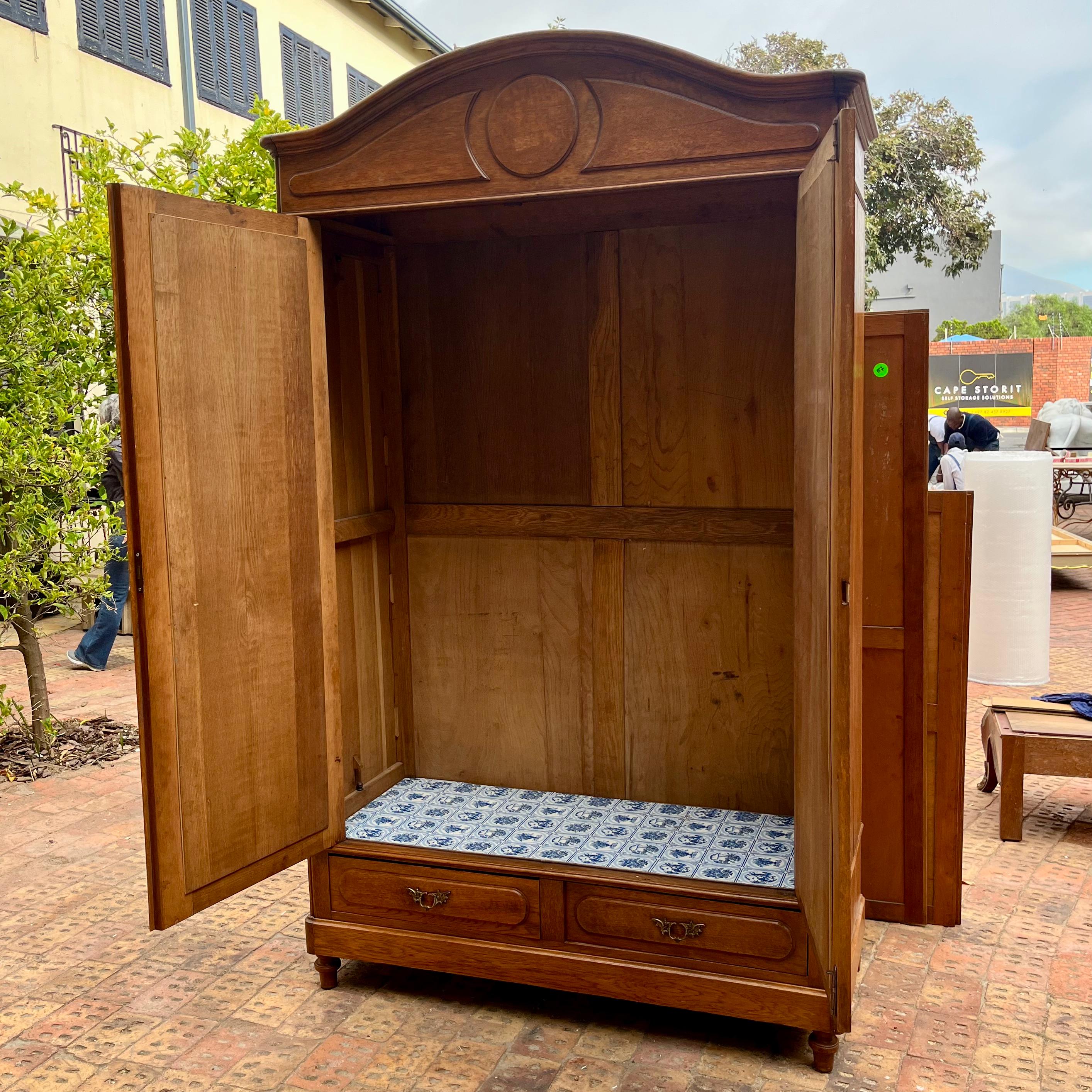 Tall Oak Armoire with Mirrored Doors, c. Early 20th Century
