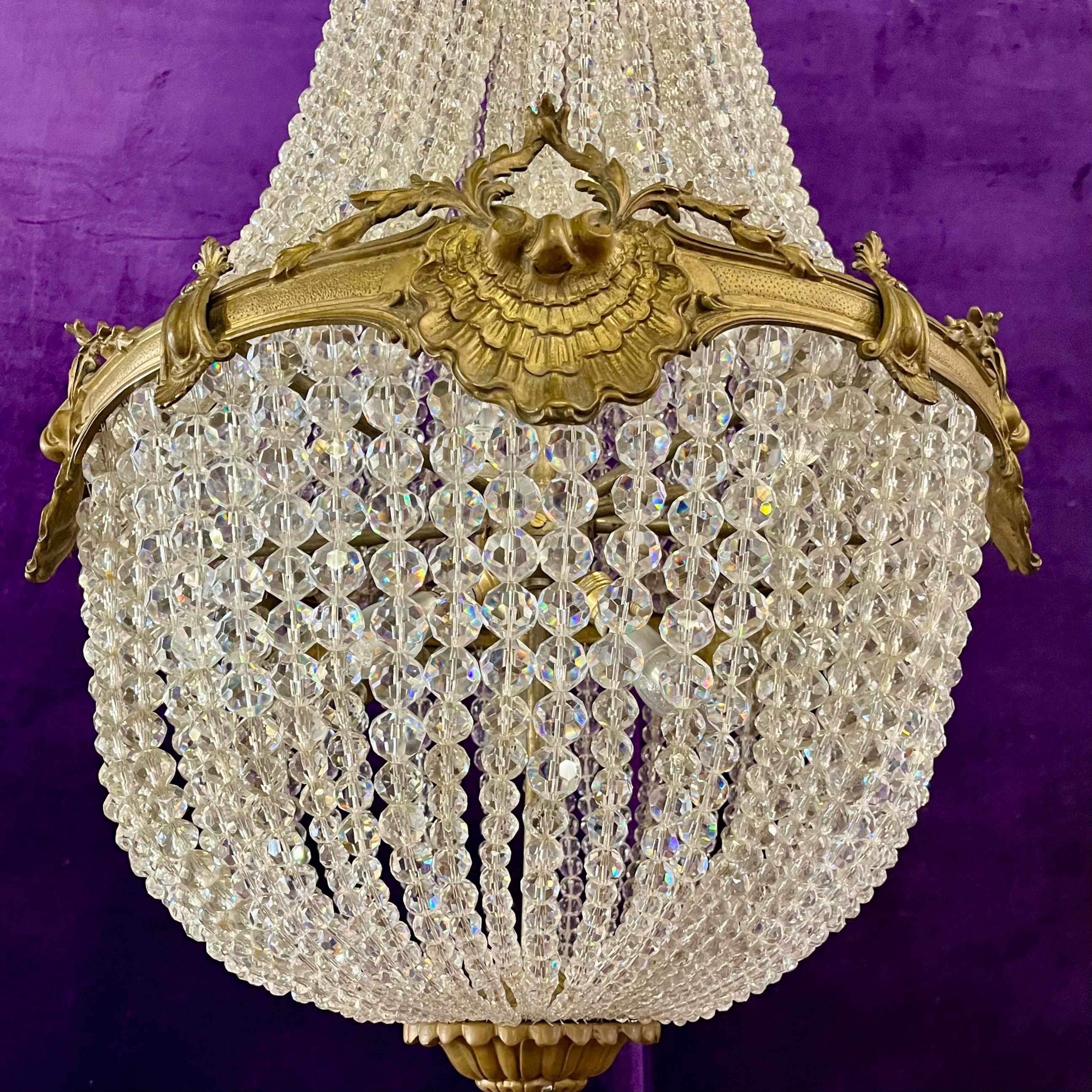 Rare Empire-Style Basket Chandelier with Cut Crystal and Gilded Brass, c. Late 19th Century