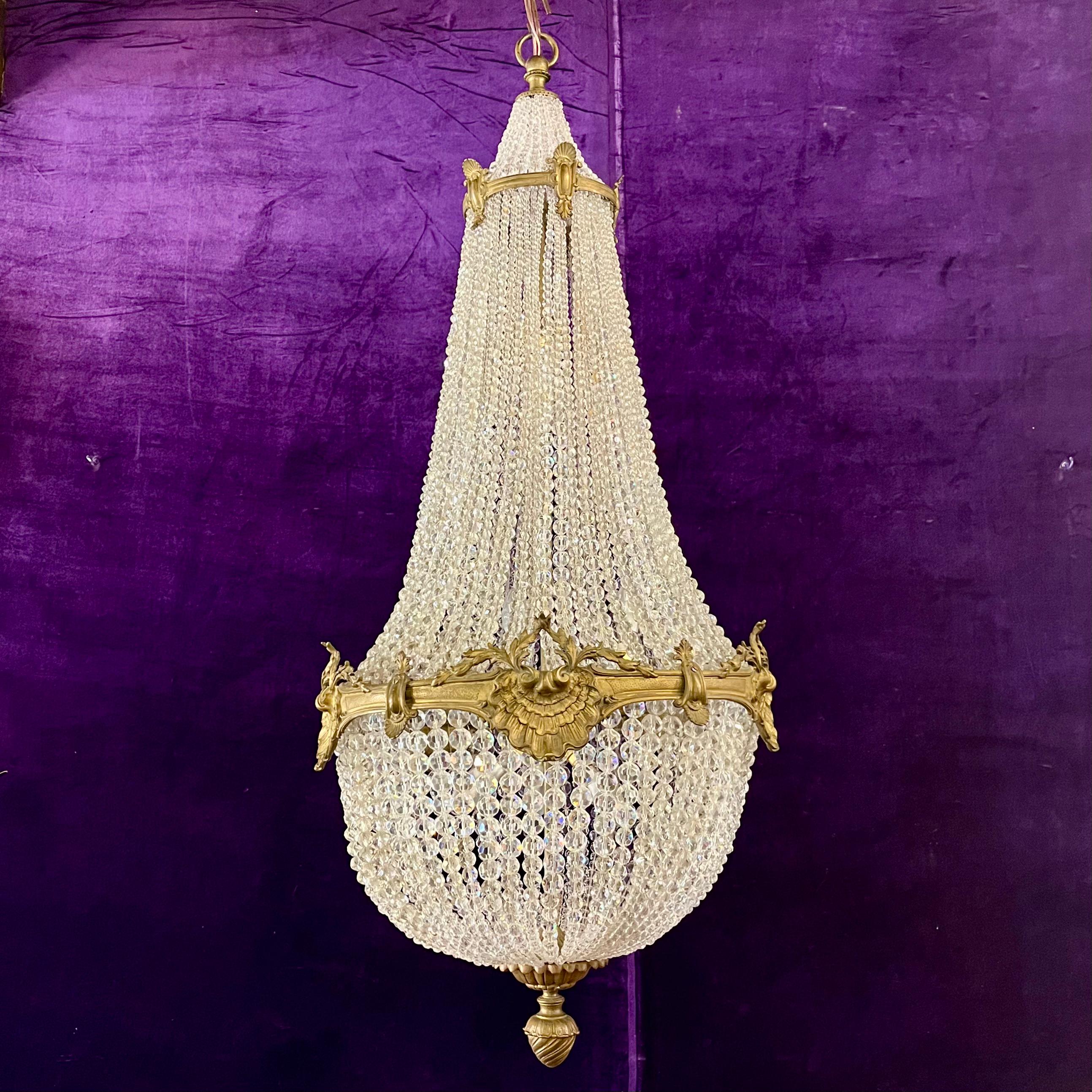 Rare Empire-Style Basket Chandelier with Cut Crystal and Gilded Brass, c. Late 19th Century