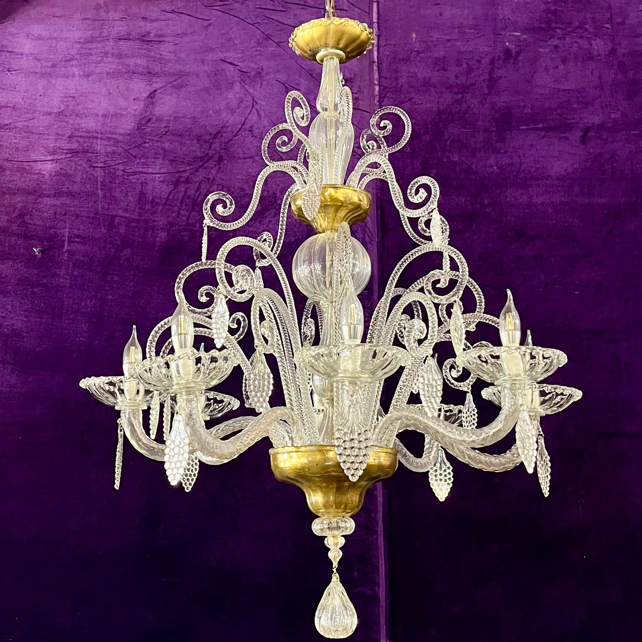 A Very Rare and Large Antique Murano Chandelier with Gilded Details