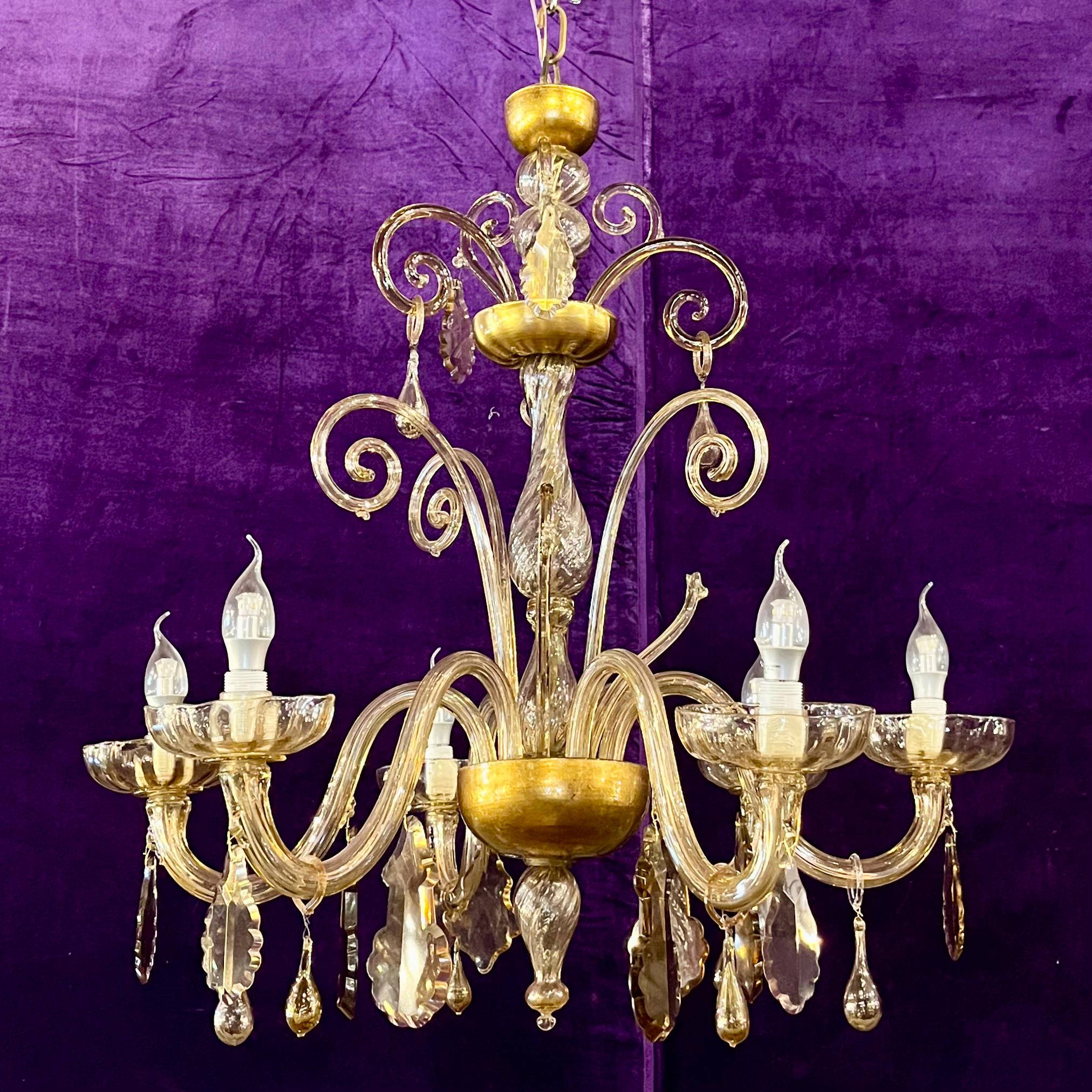 Murano Glass Chandelier in Gold-Pagliesco Glass, Mid-20th Century