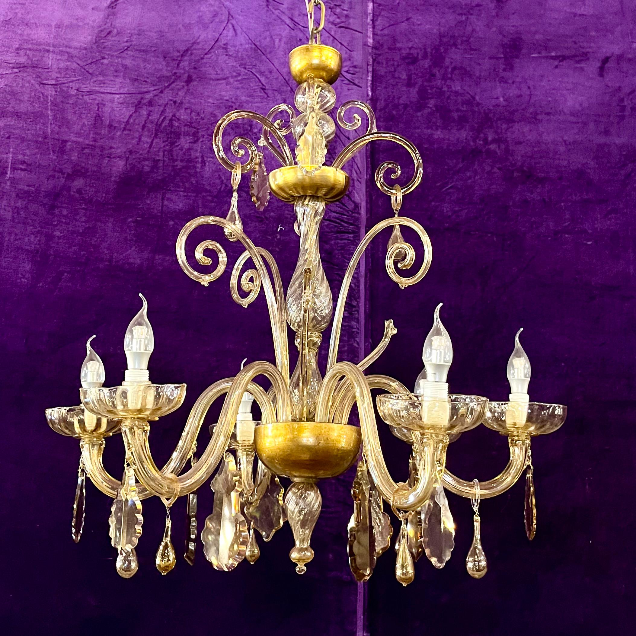 Murano Glass Chandelier in Gold-Pagliesco Glass, Mid-20th Century