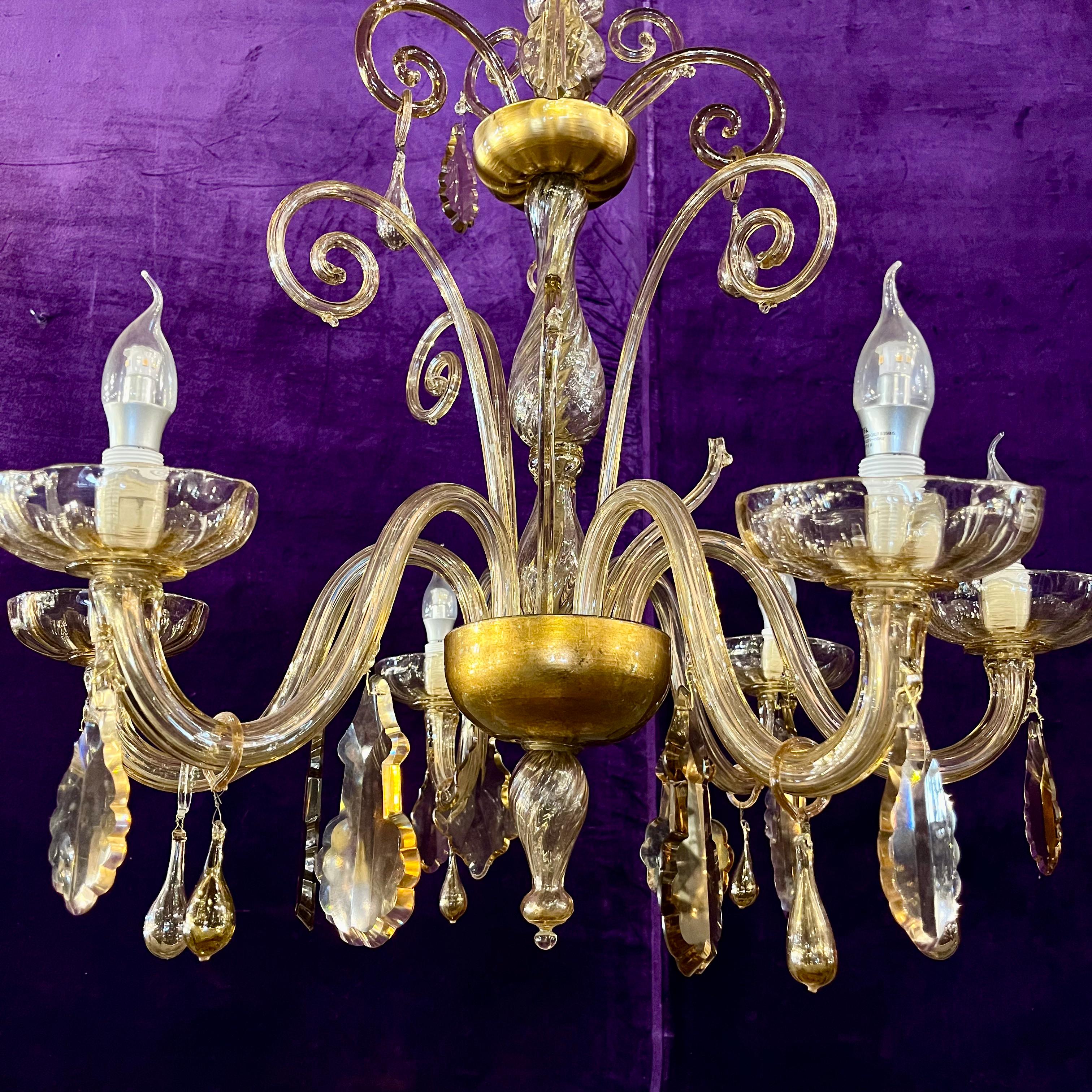 Murano Glass Chandelier in Gold-Pagliesco Glass, Mid-20th Century