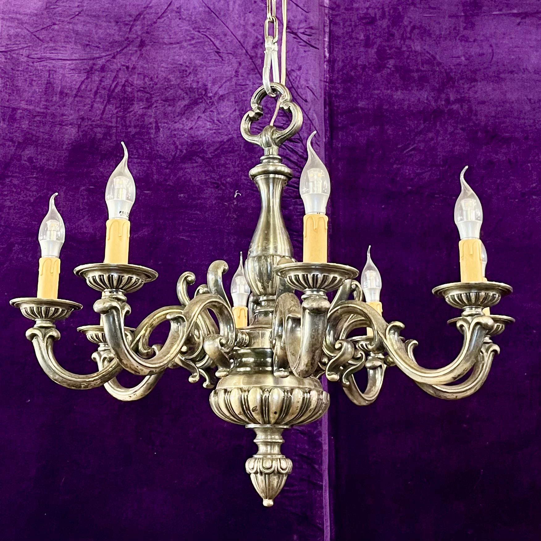 Antique Eight-Arm Silvered Brass Chandelier, France, Early 20th Century