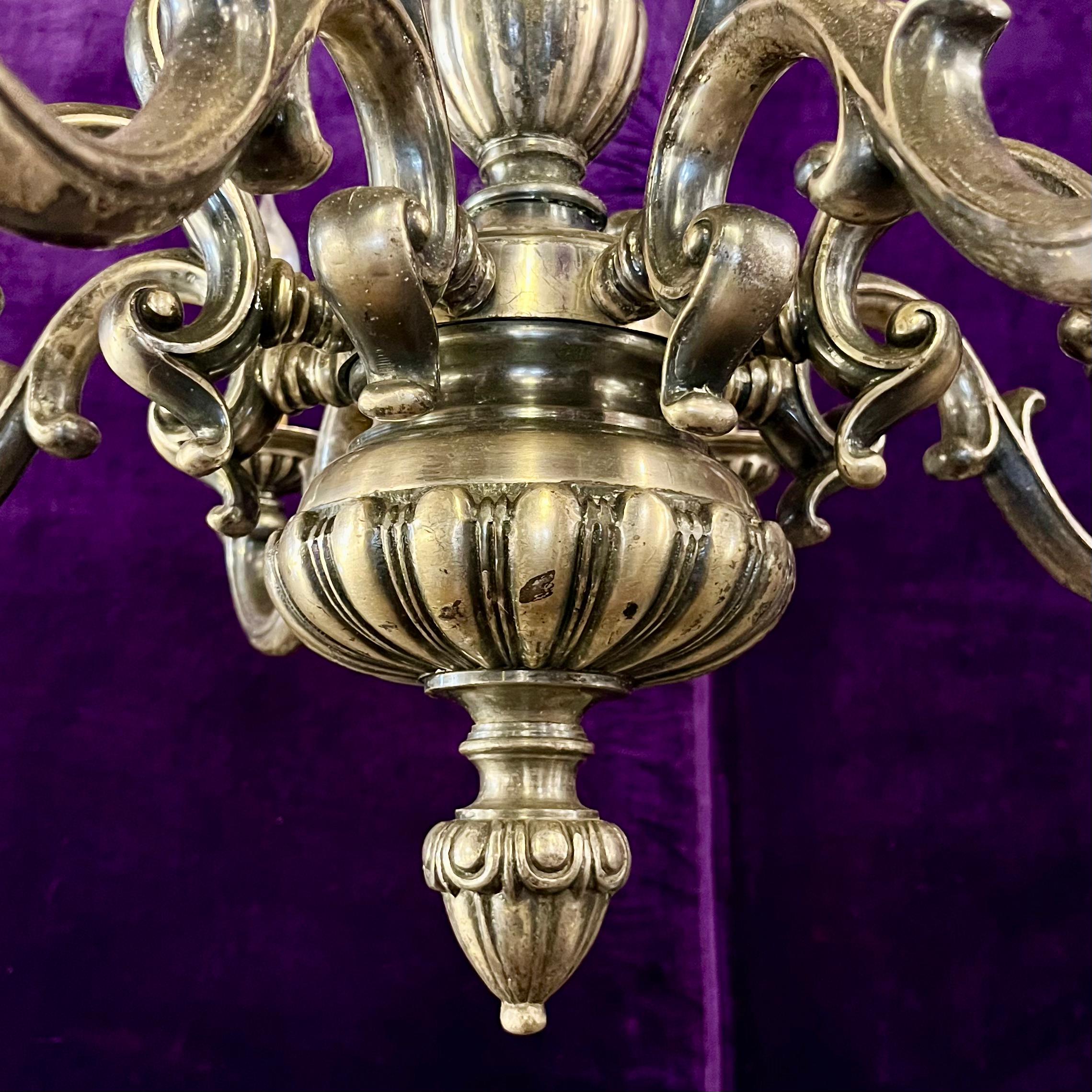 Antique Eight-Arm Silvered Brass Chandelier, France, Early 20th Century