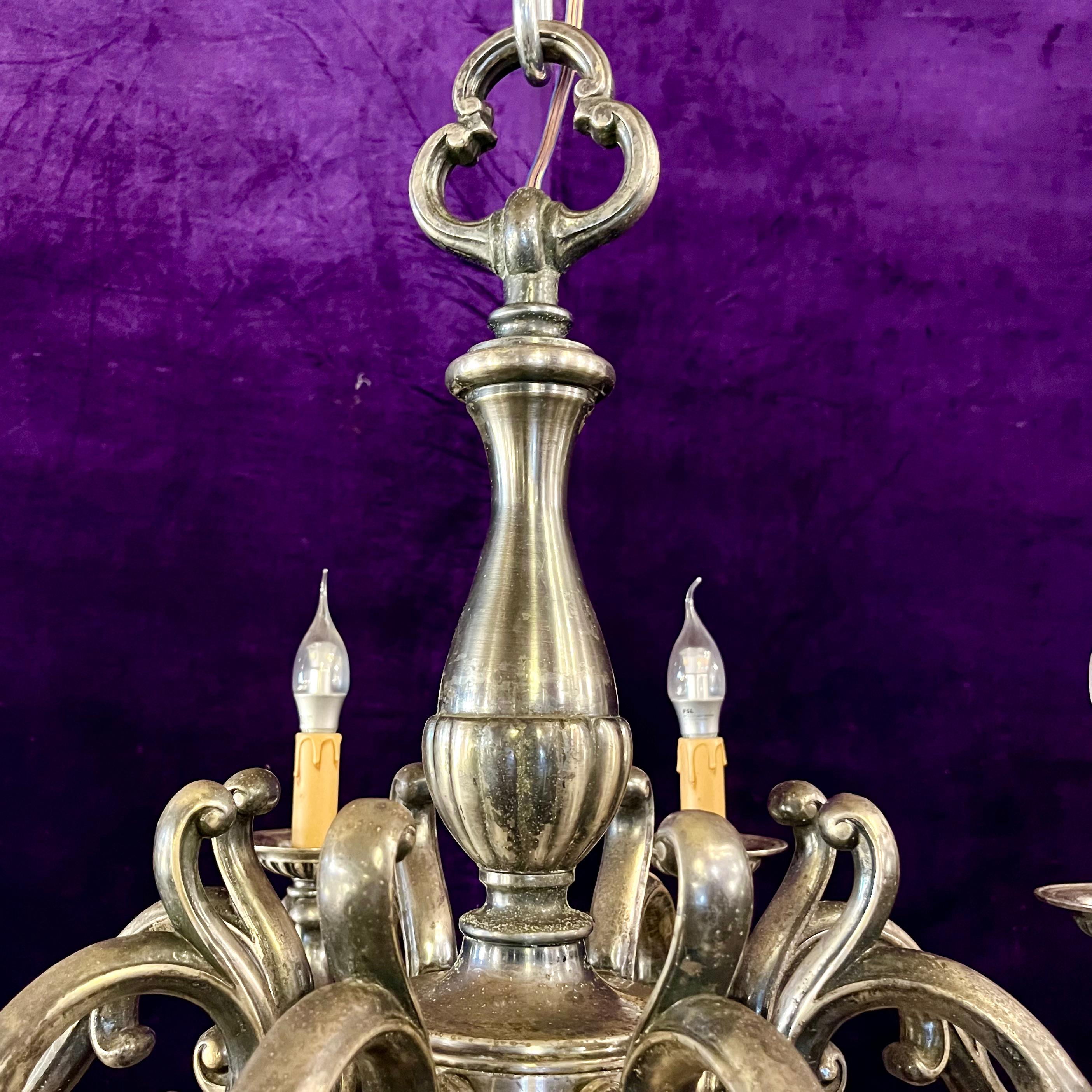 Antique Eight-Arm Silvered Brass Chandelier, France, Early 20th Century