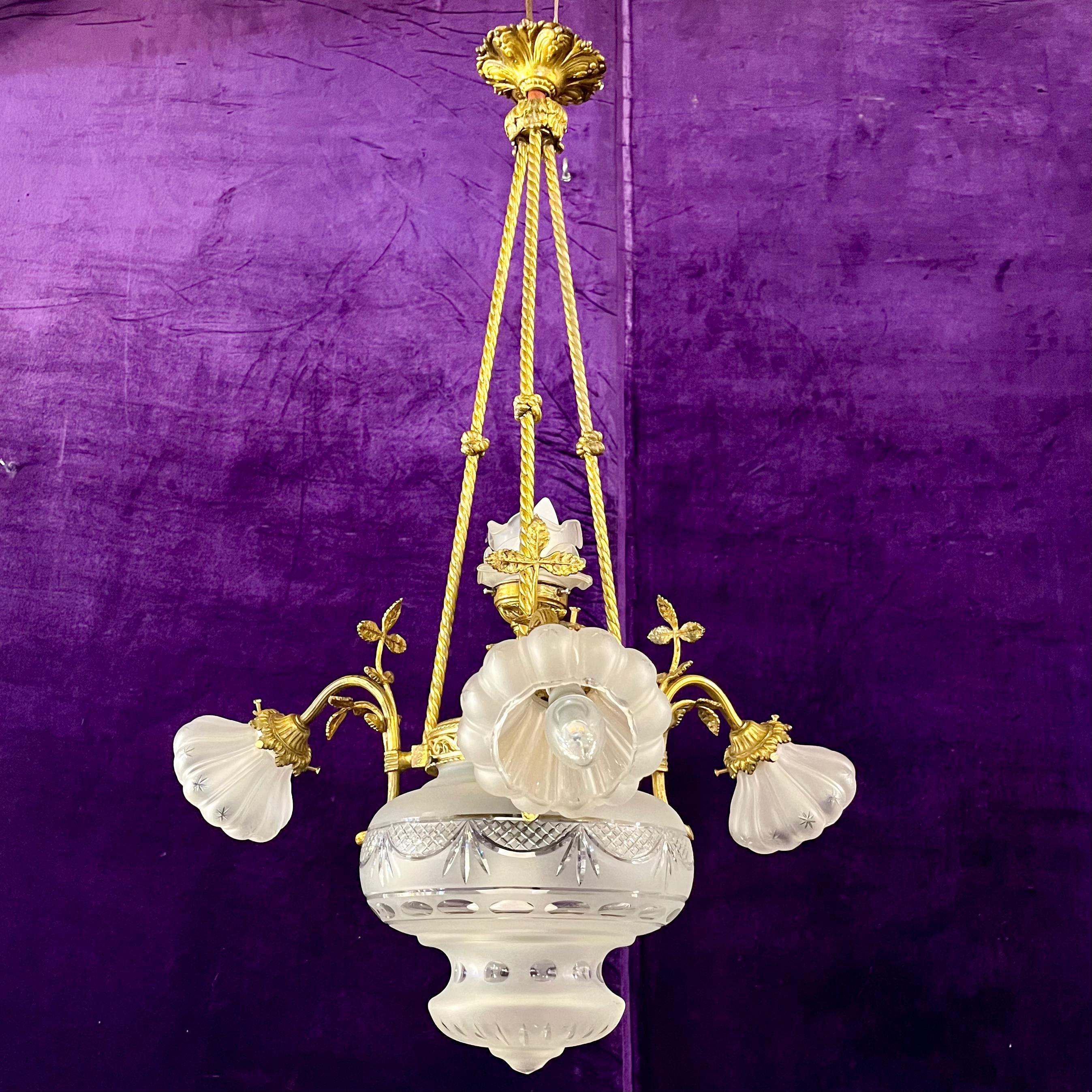 Empire Revival Gilt Bronze and Frosted Glass Chandelier, c. 1900
