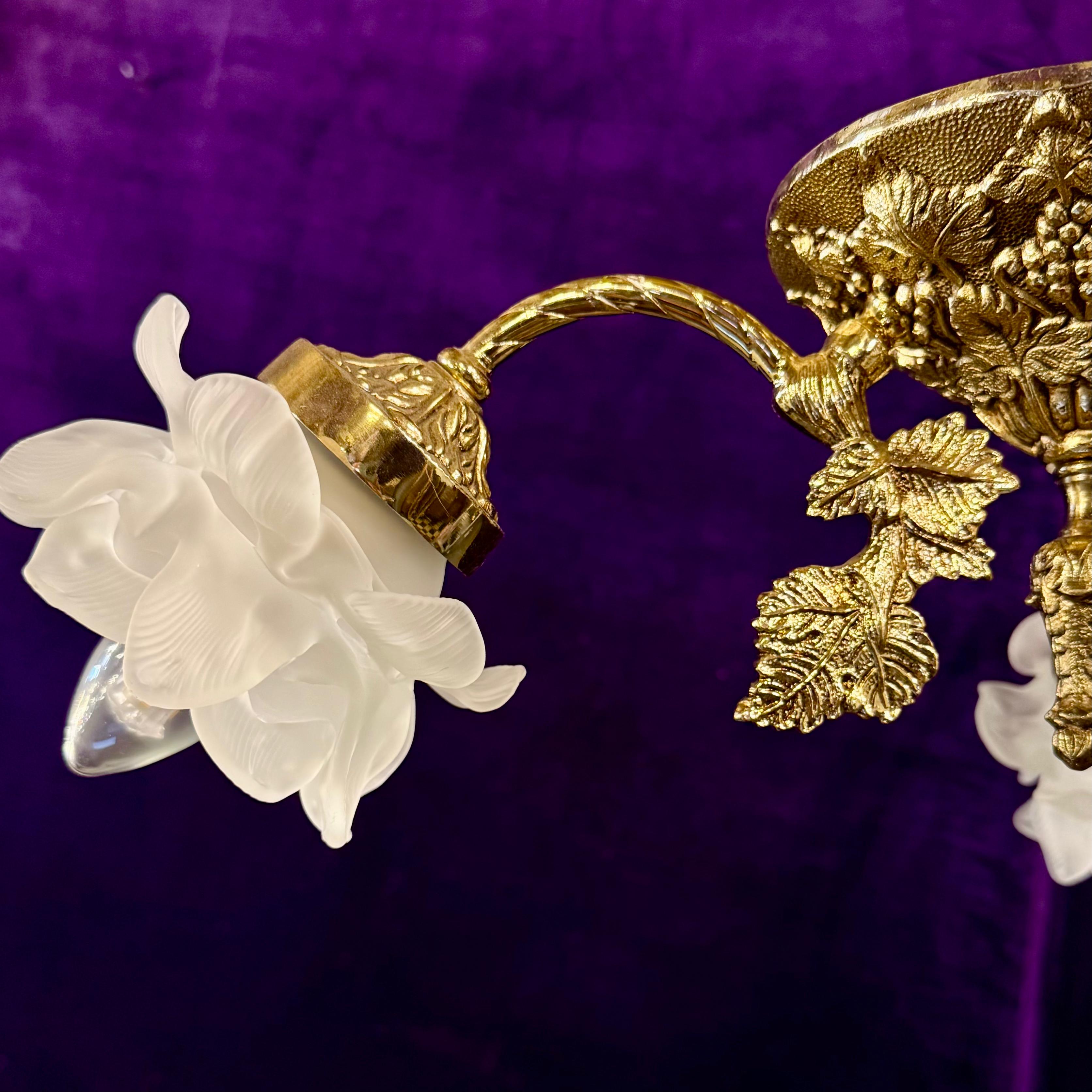 Cast Brass Three Arm Chandelier with Frosted Rose Globes