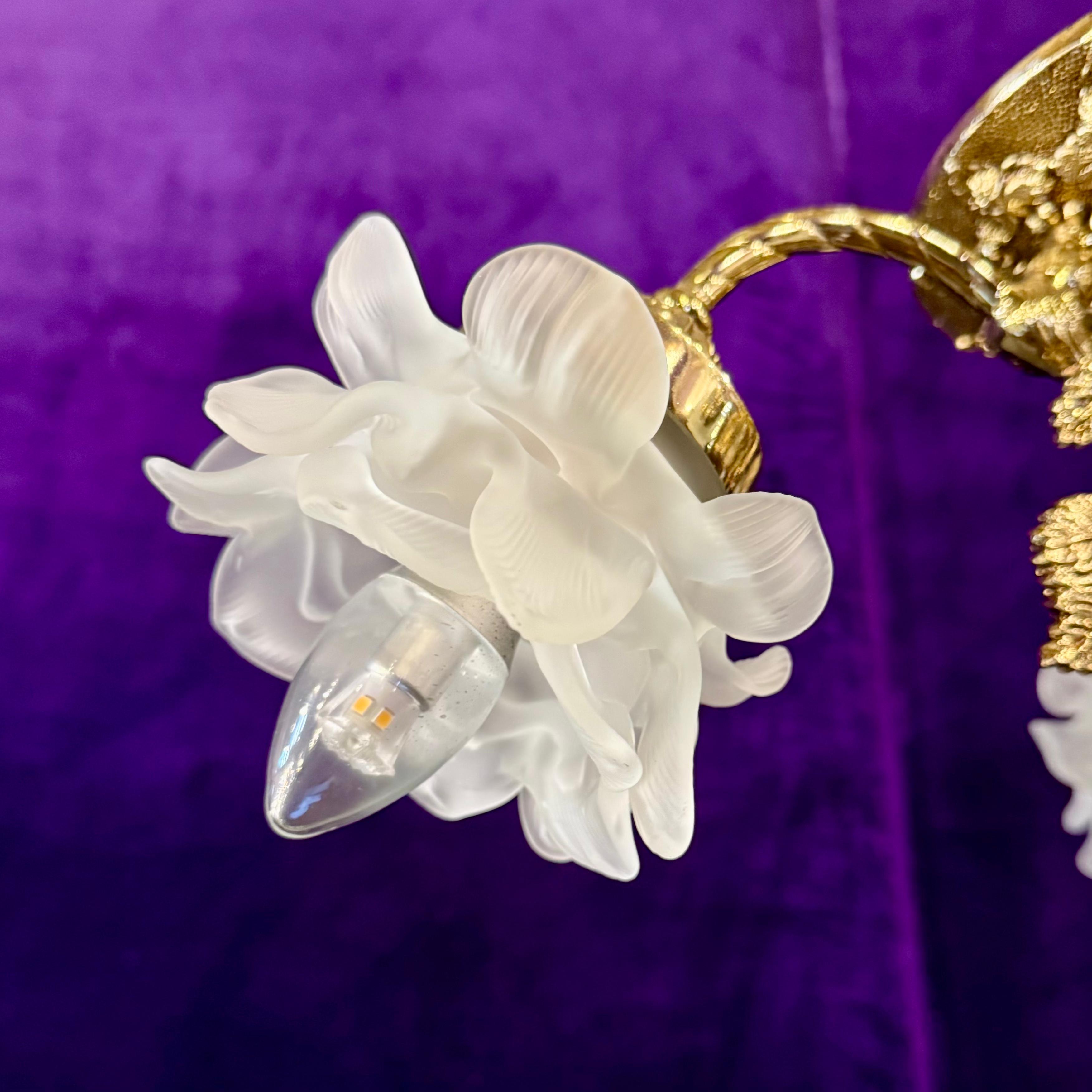 Cast Brass Three Arm Chandelier with Frosted Rose Globes