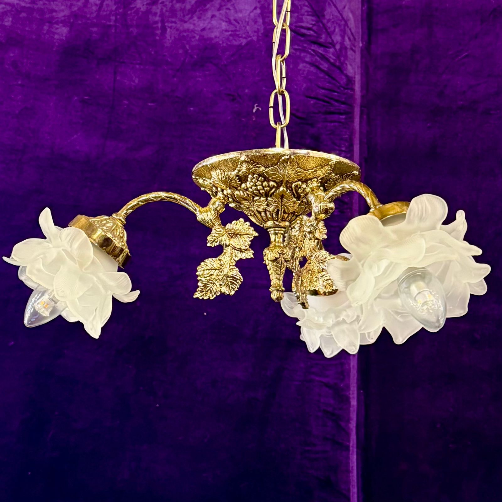 Cast Brass Three Arm Chandelier with Frosted Rose Globes