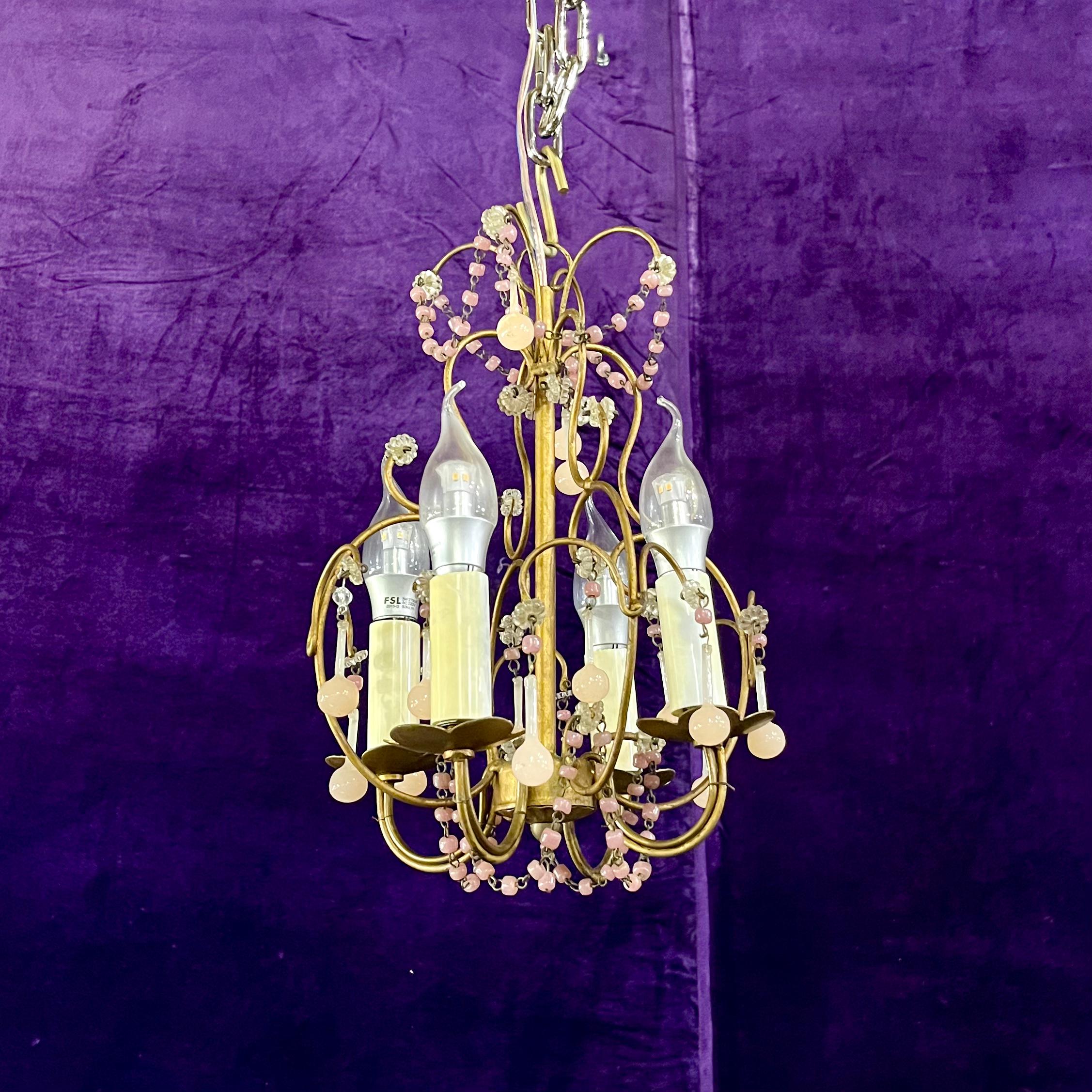 Mid-Century Italian Gilt Metal Chandelier with Pink Glass Beads