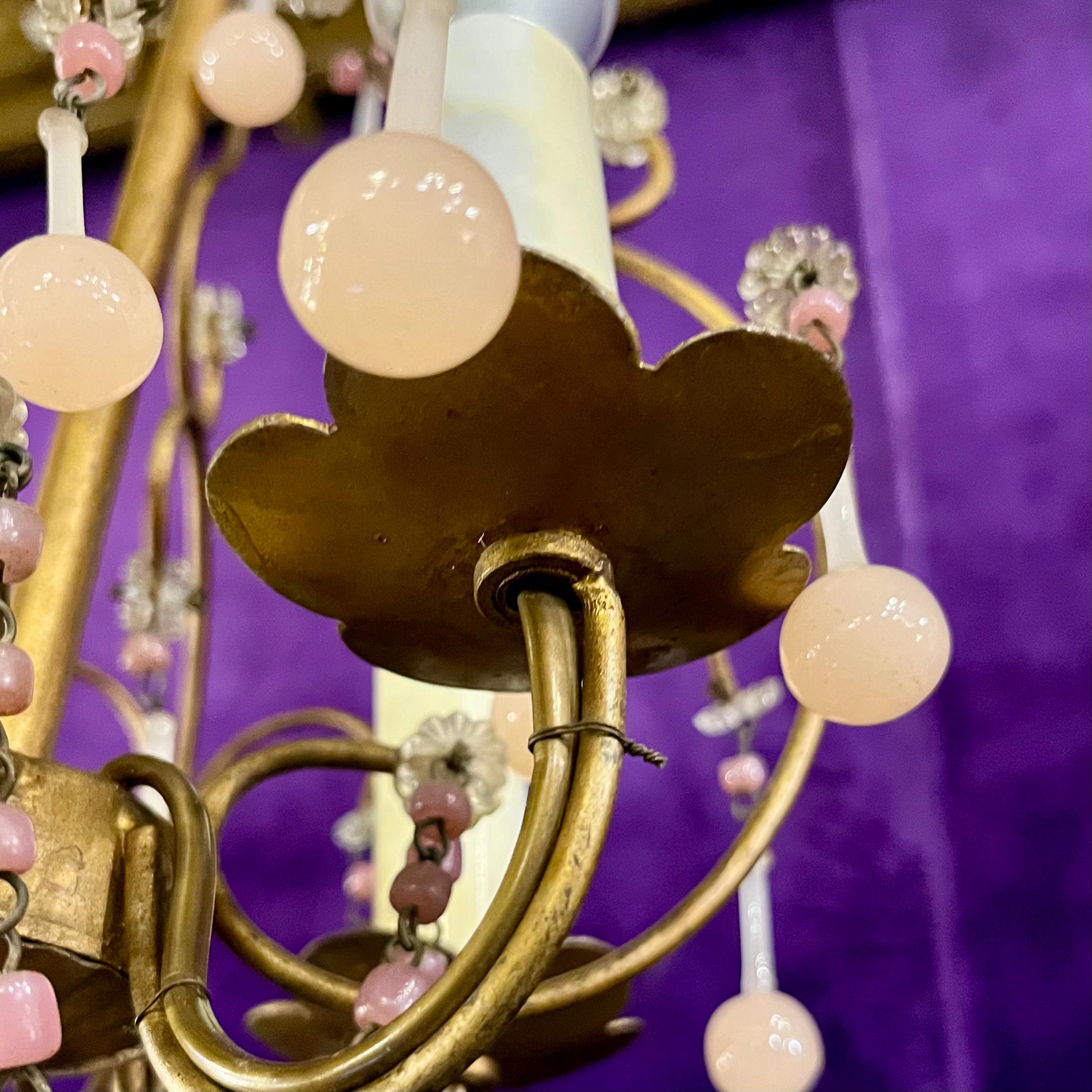 Mid-Century Italian Gilt Metal Chandelier with Pink Glass Beads