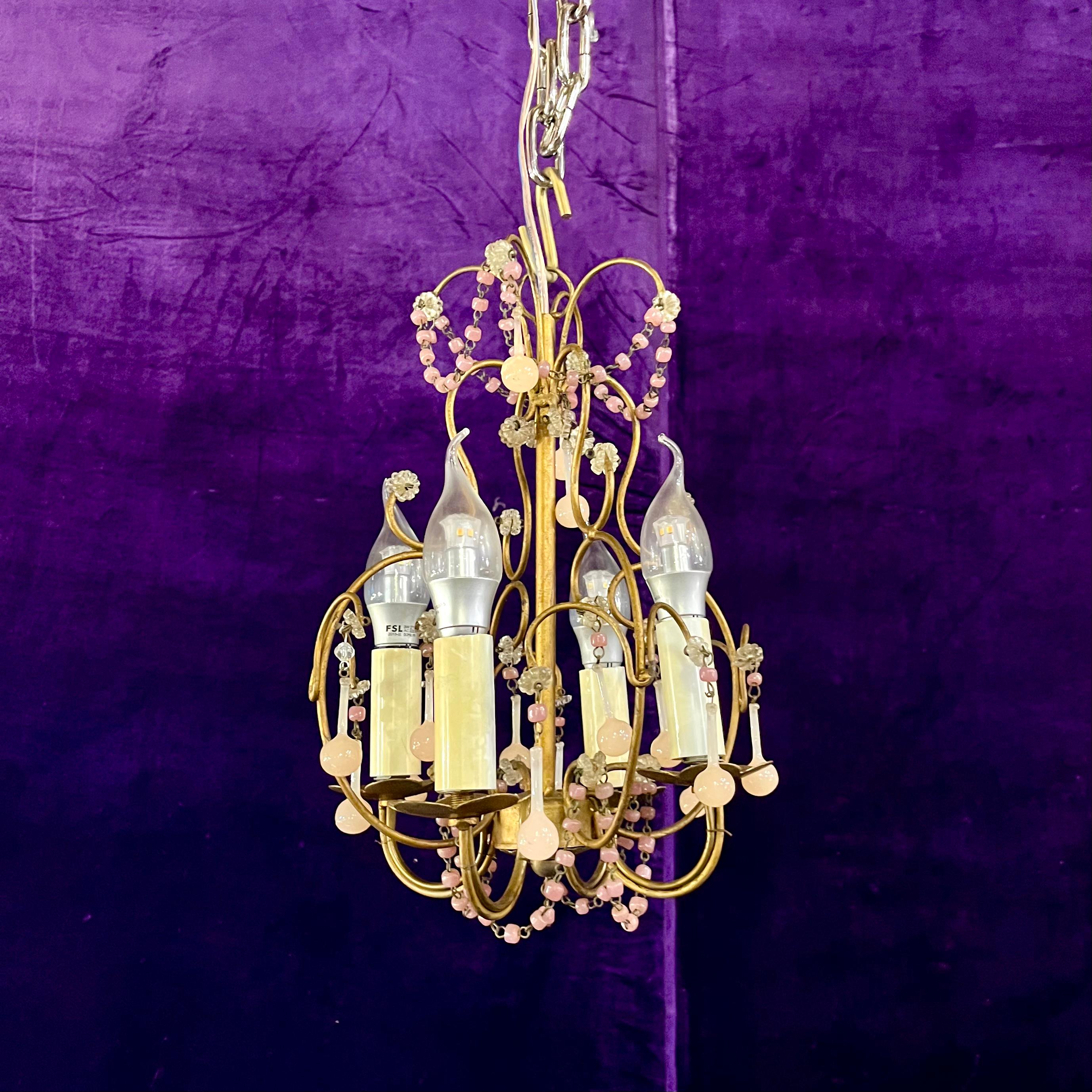 Mid-Century Italian Gilt Metal Chandelier with Pink Glass Beads
