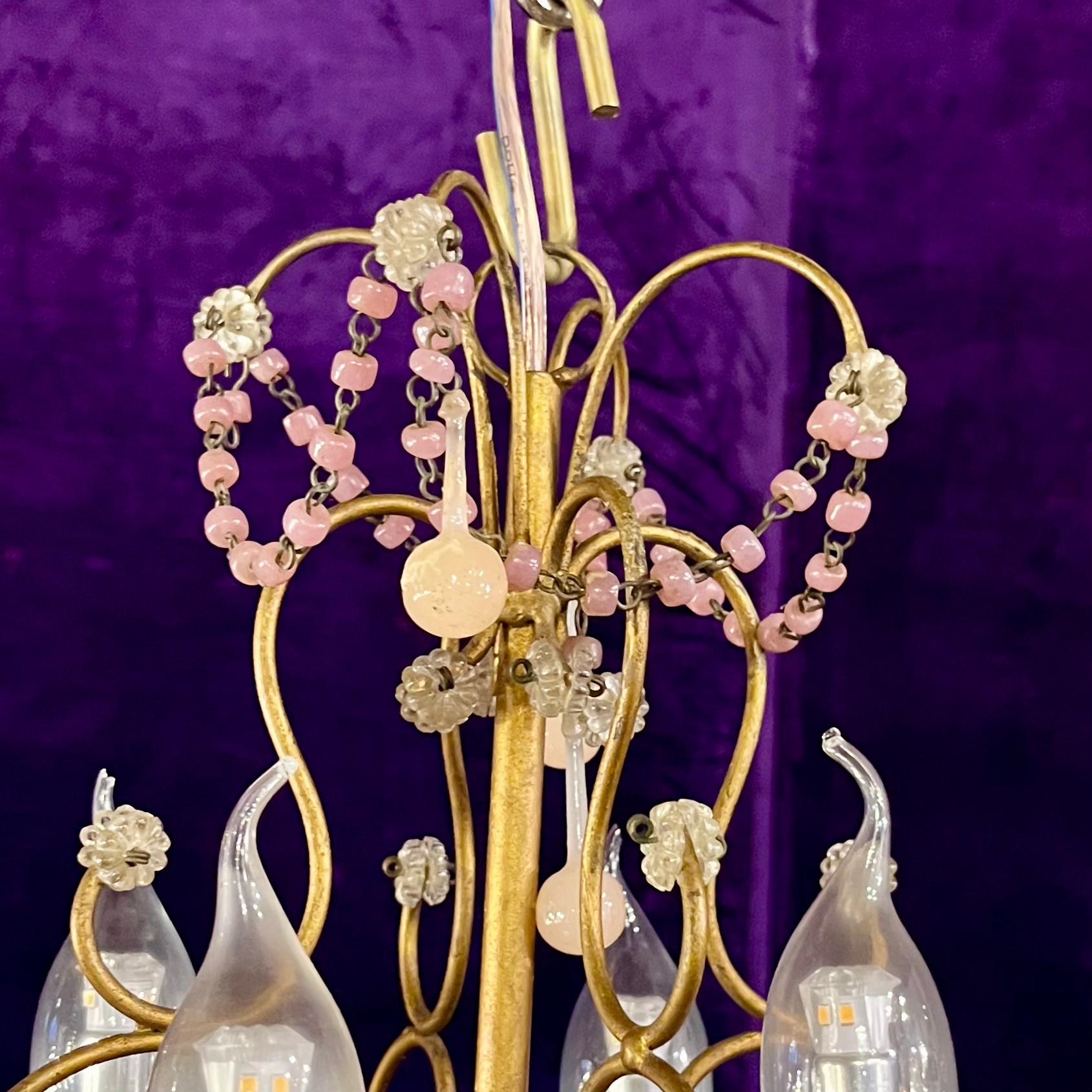 Mid-Century Italian Gilt Metal Chandelier with Pink Glass Beads