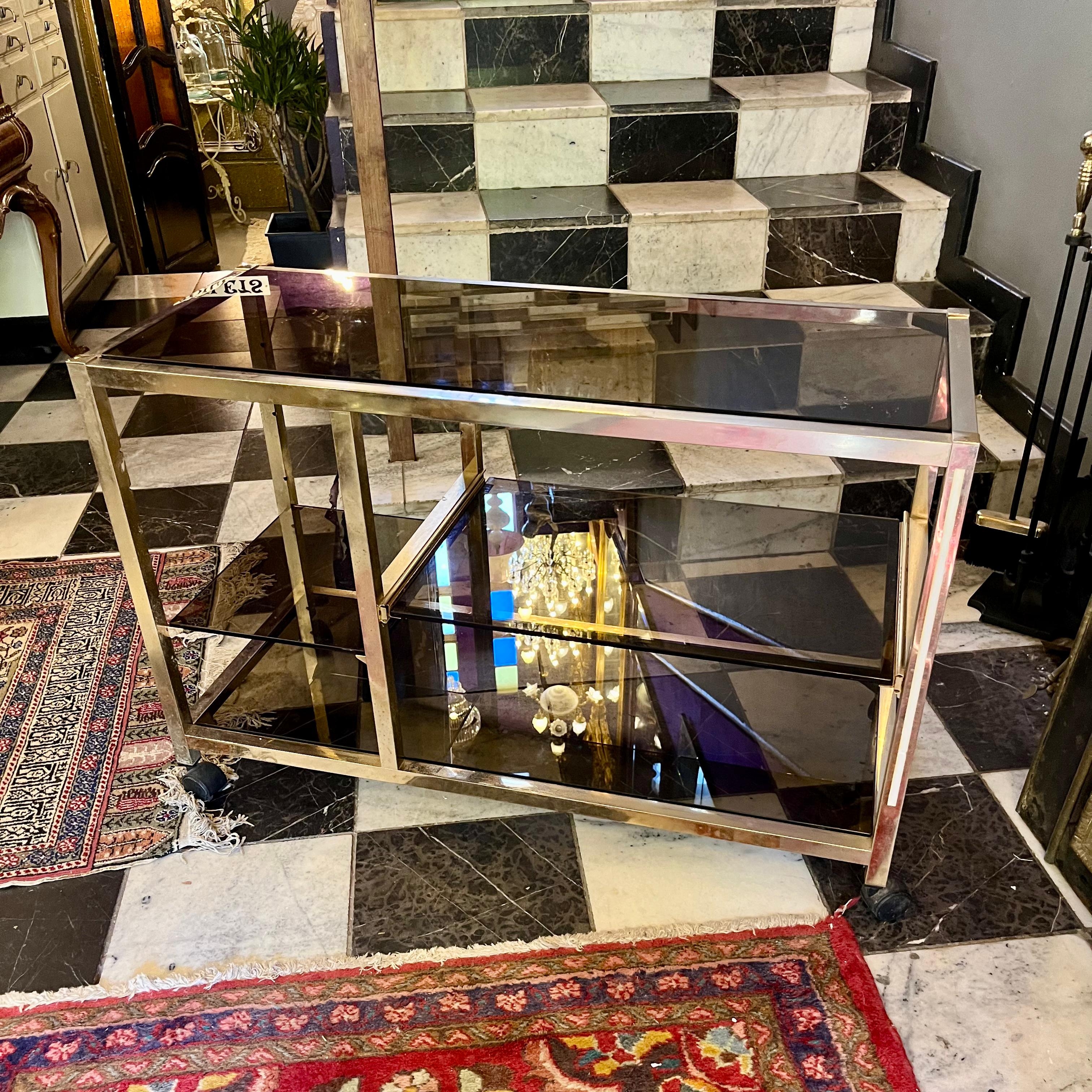 Vintage Brass & Smoked Glass Bar Cart
