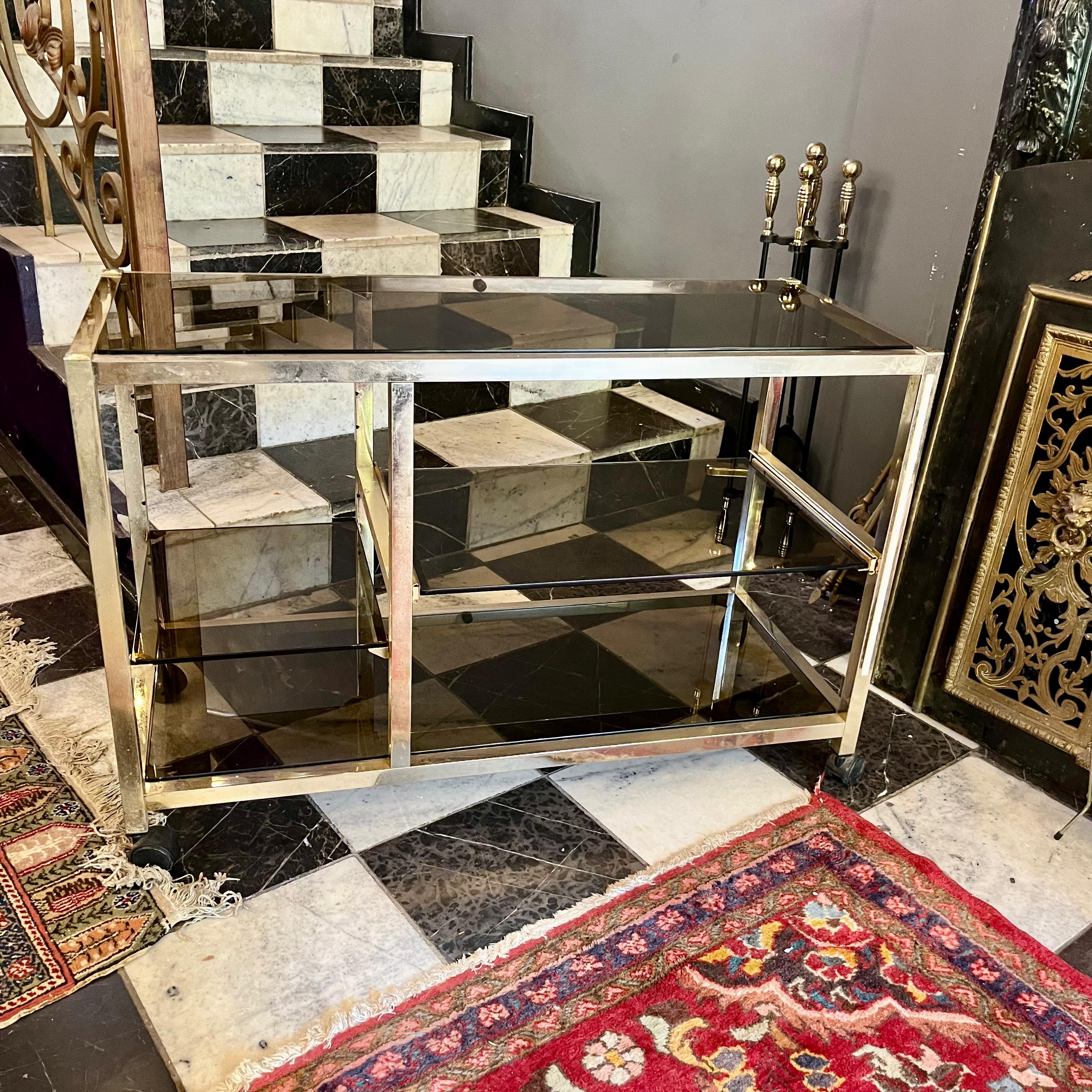Vintage Brass & Smoked Glass Bar Cart