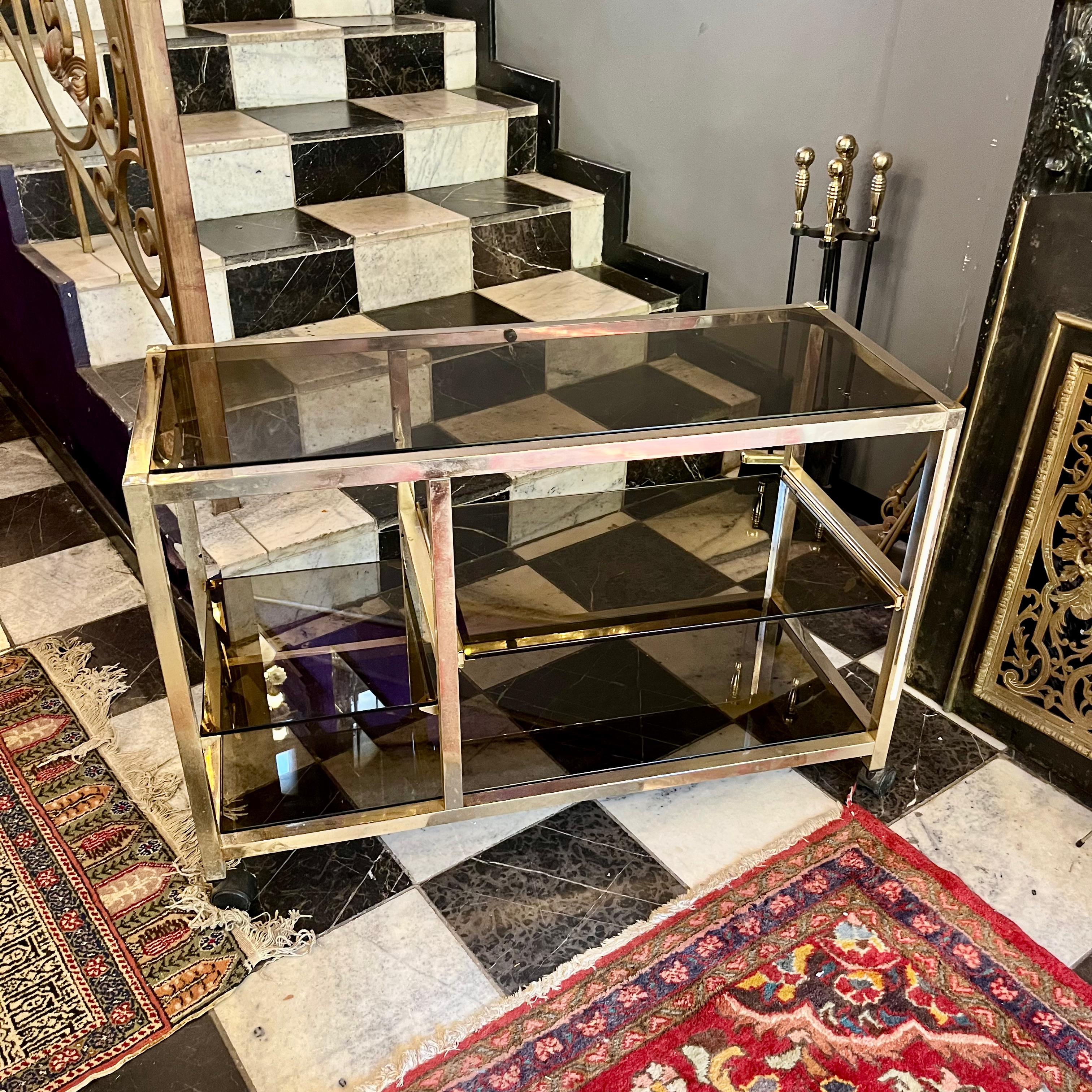 Vintage Brass & Smoked Glass Bar Cart