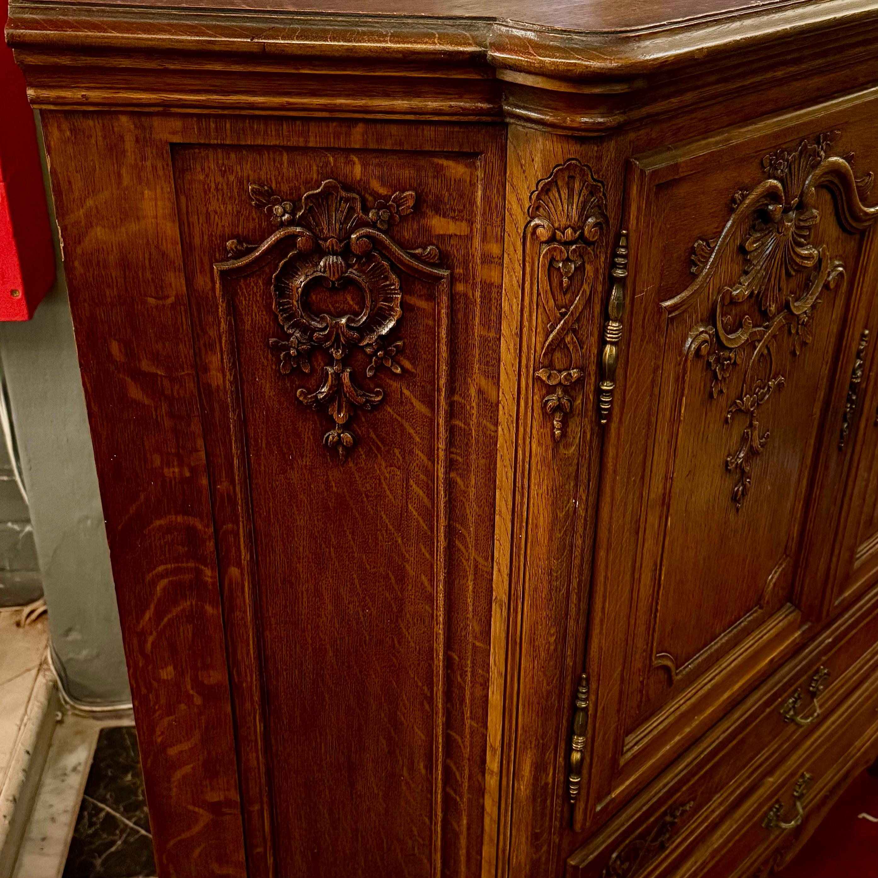 Carved French Oak Corner Cabinet with Drop-Down Shelf, c. Early 20th Century