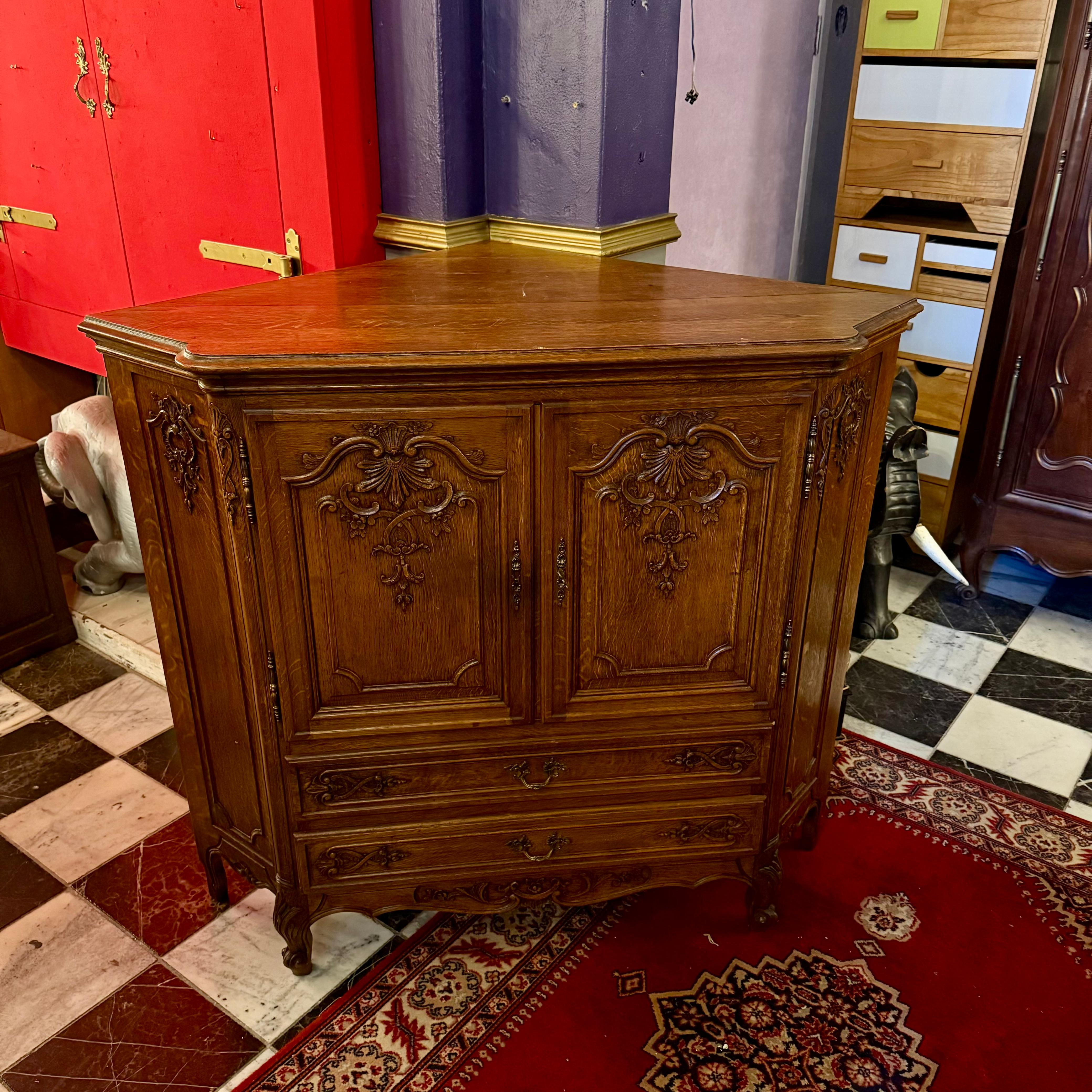 Carved French Oak Corner Cabinet with Drop-Down Shelf, c. Early 20th Century