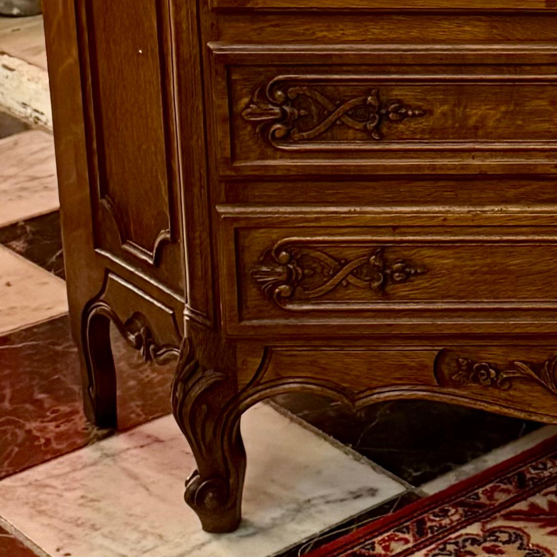 Carved French Oak Corner Cabinet with Drop-Down Shelf, c. Early 20th Century